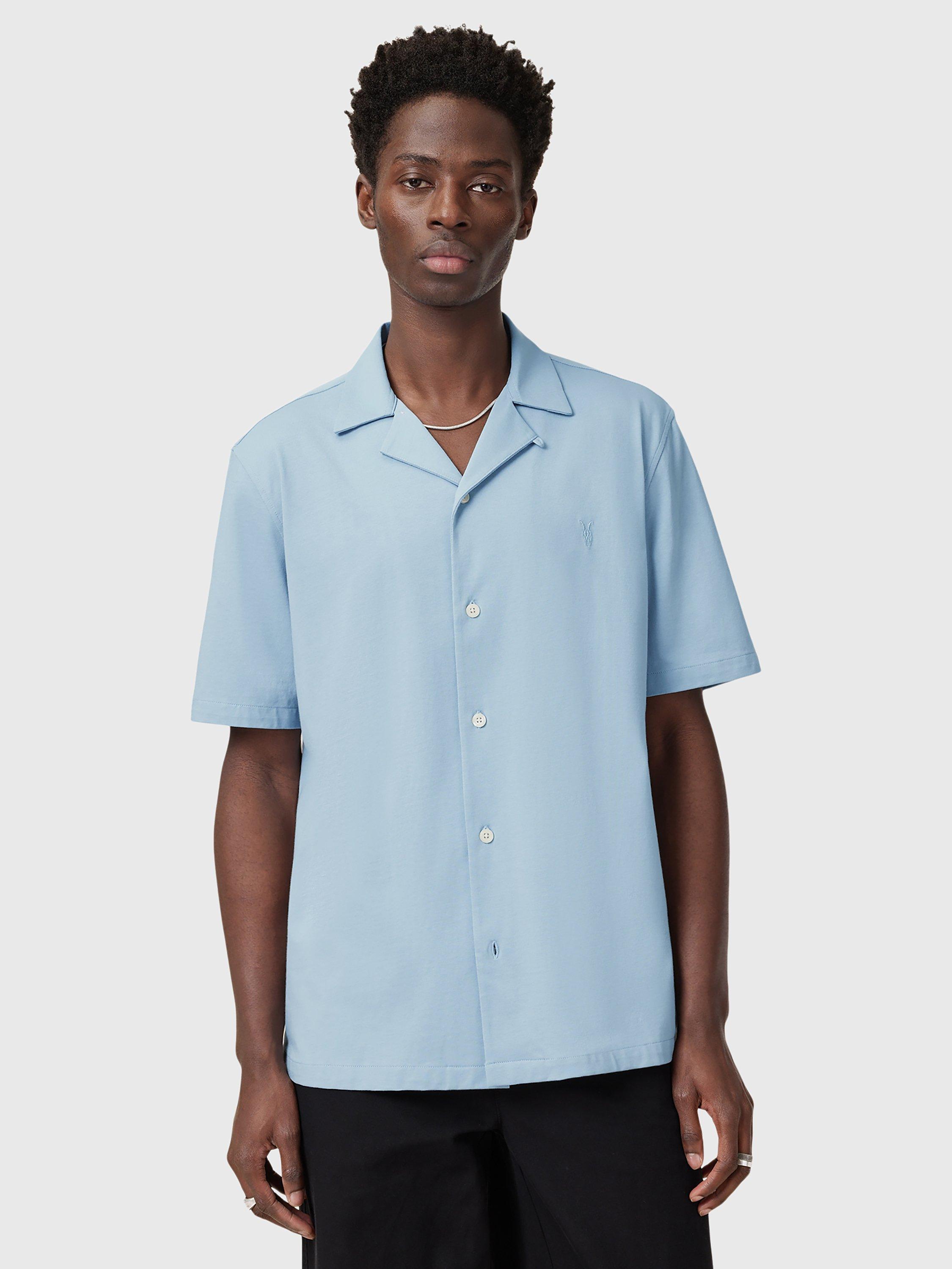 Product image 1 of 6, which shows AllSaints Hudson Loose Fit Short Sleeve Shirt, Mid Blue, L