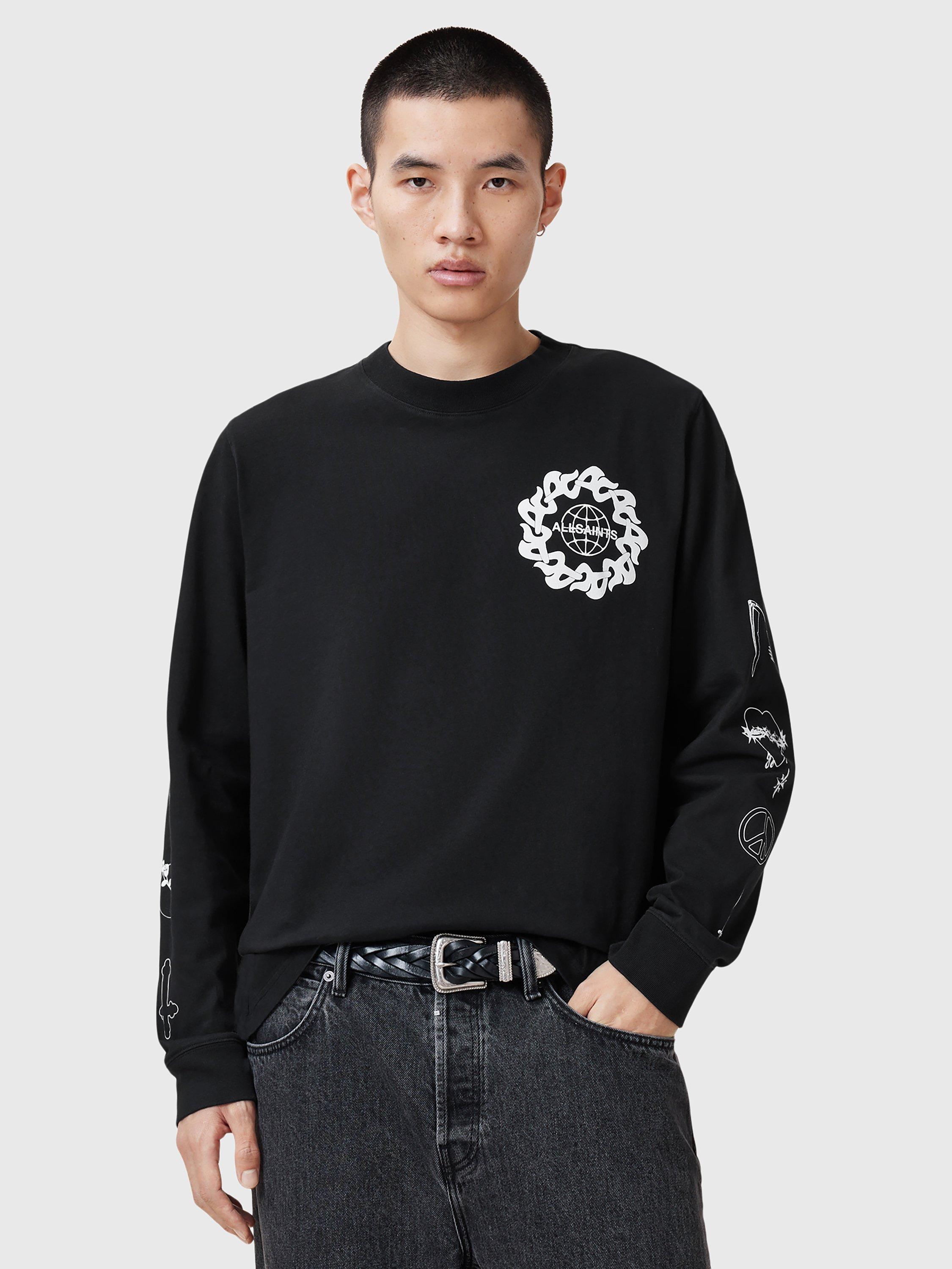 Product image 1 of 9, which shows AllSaints Orbital Graphic Crew Neck Cotton Sweatshirt, Nearly Black, L
