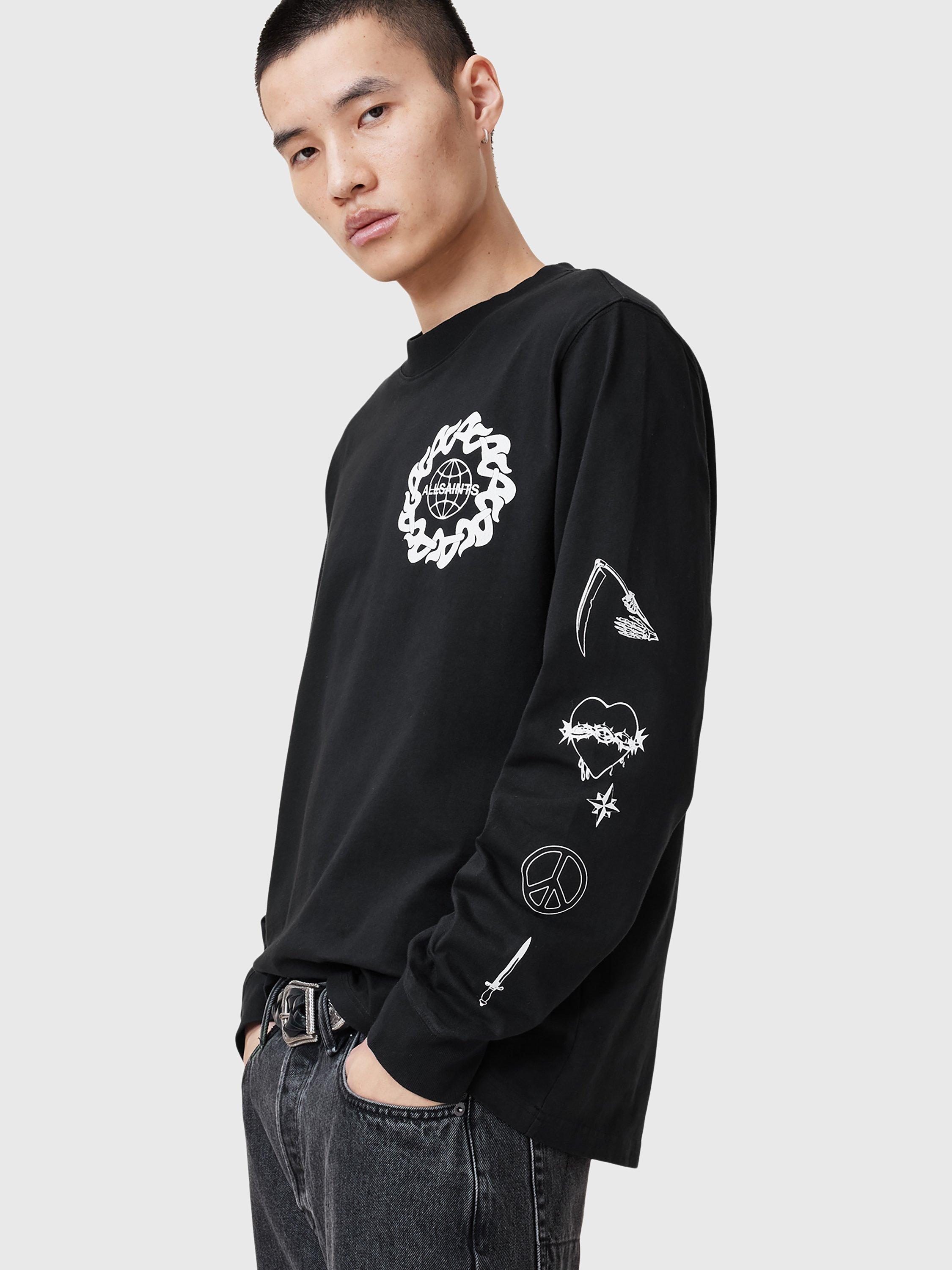 Product image 5 of 9, which shows AllSaints Orbital Graphic Crew Neck Cotton Sweatshirt, Nearly Black, L