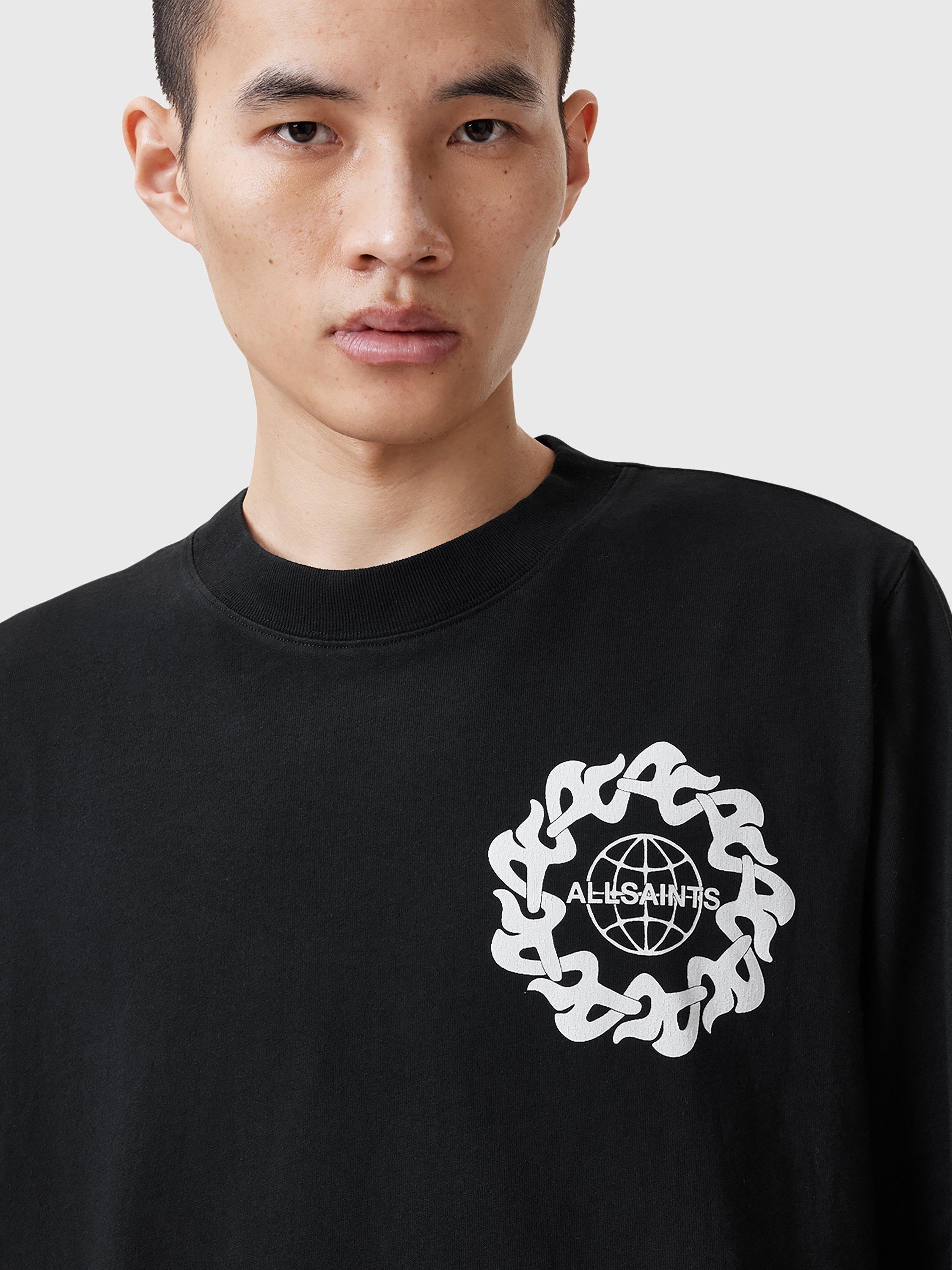 Product image 6 of 9, which shows AllSaints Orbital Graphic Crew Neck Cotton Sweatshirt, Nearly Black, L