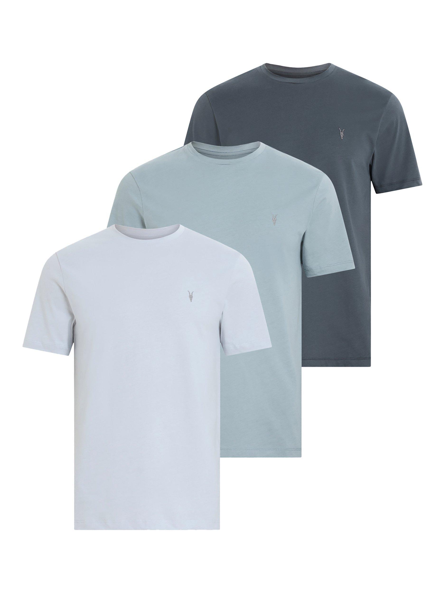 Product image 4 of 8, which shows AllSaints Brace Crew Cotton T-Shirt, Pack of 3, Blue/Multi, XS