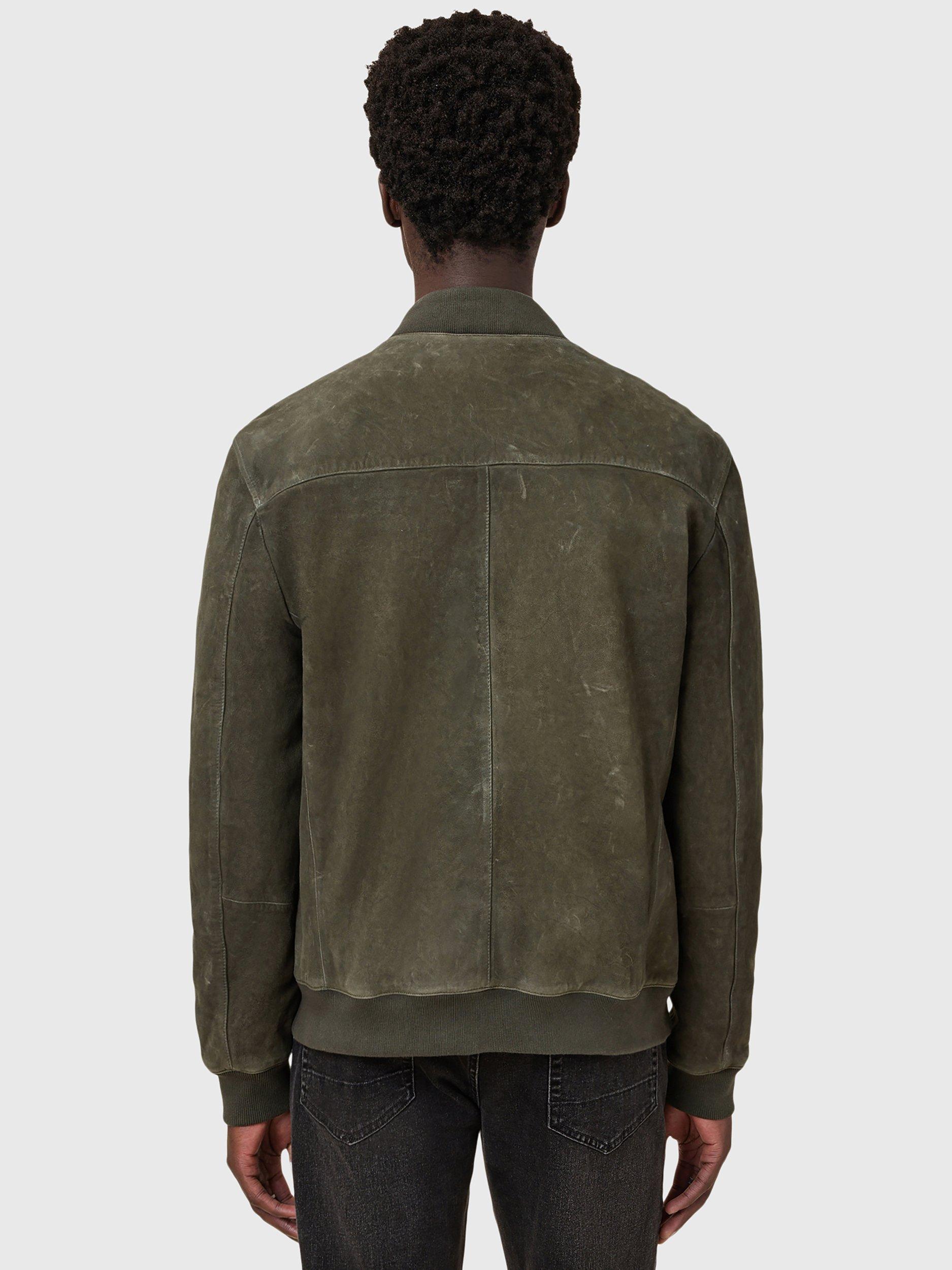 Product image 2 of 7, which shows AllSaints Buckley Suede Bomber Jacket, Military Green, XL