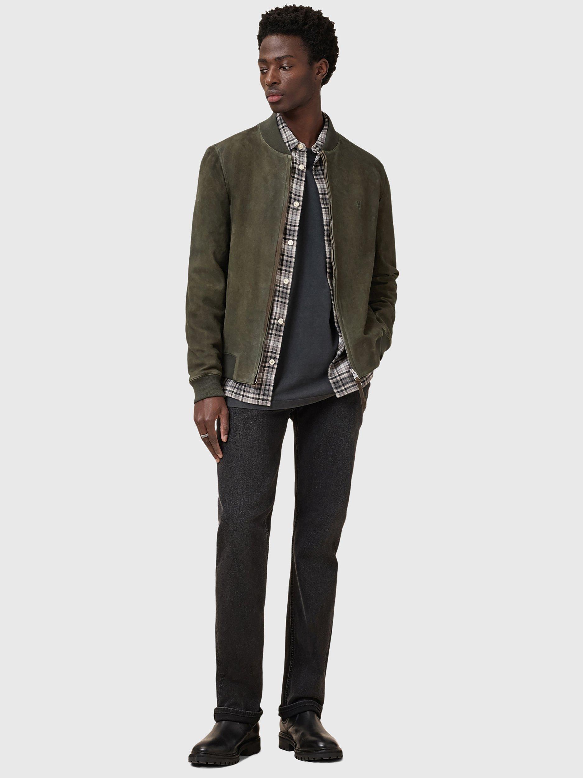 Product image 3 of 7, which shows AllSaints Buckley Suede Bomber Jacket, Military Green, XL