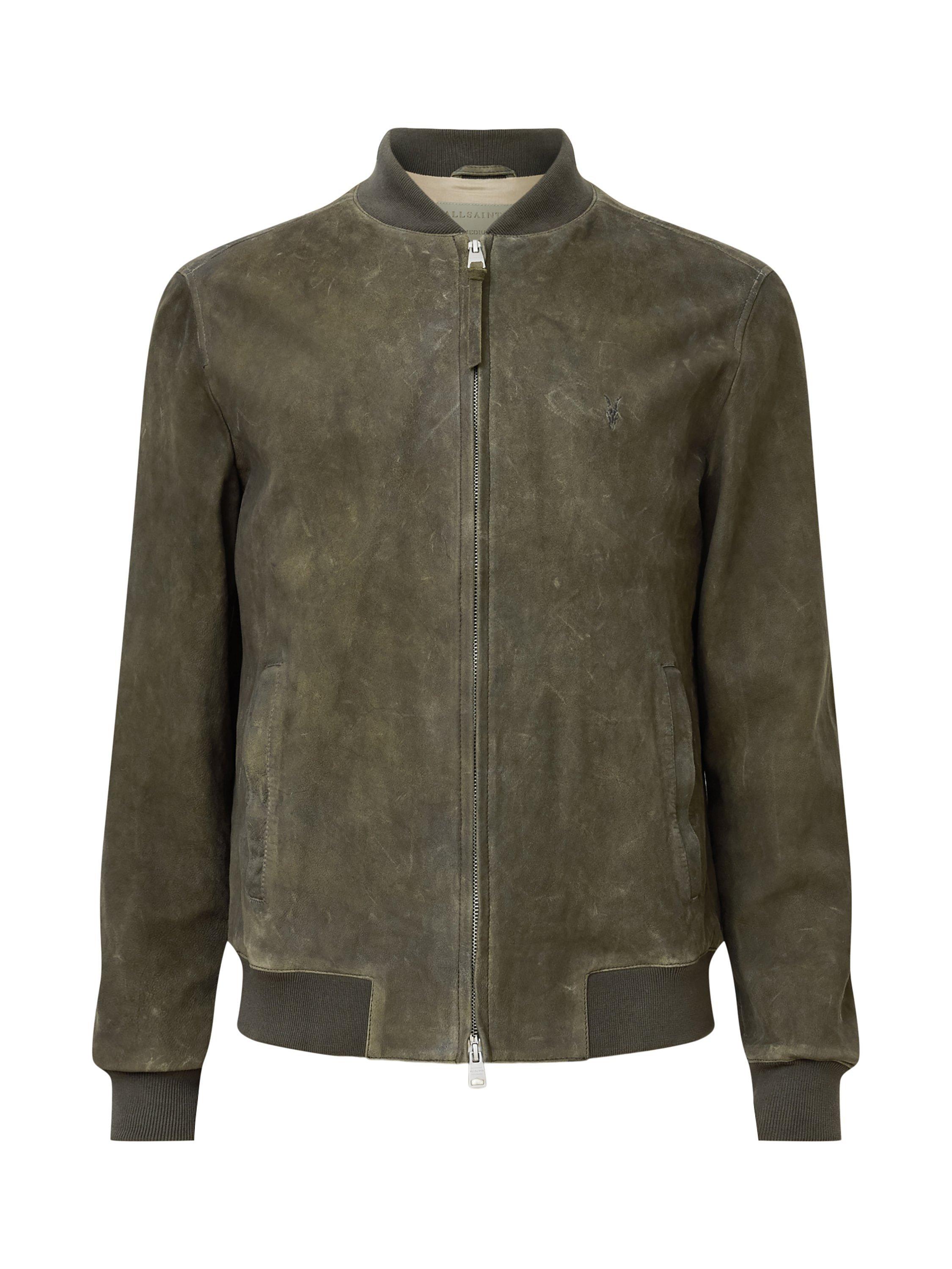 Product image 4 of 7, which shows AllSaints Buckley Suede Bomber Jacket, Military Green, XL