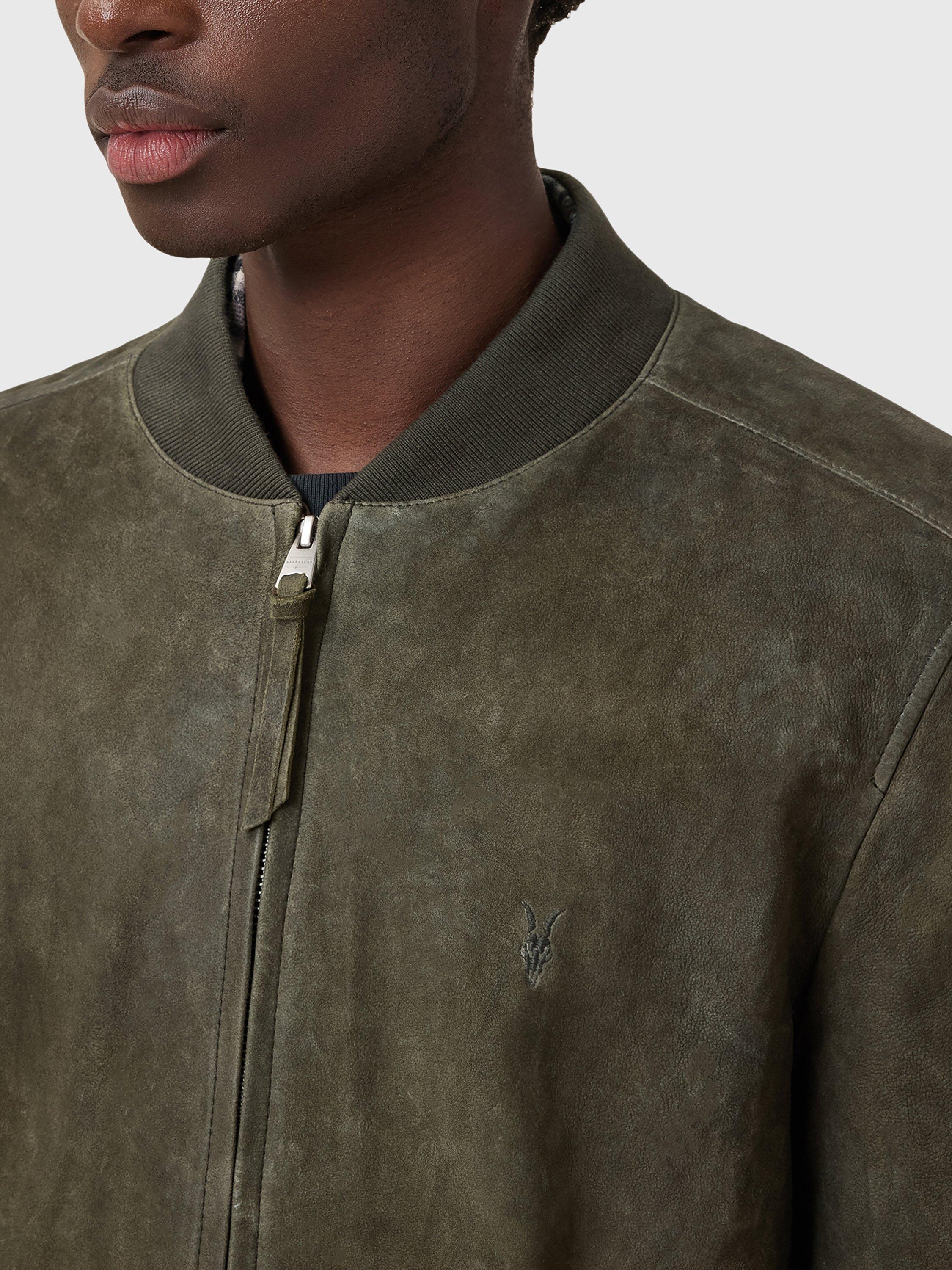 Product image 5 of 7, which shows AllSaints Buckley Suede Bomber Jacket, Military Green, XL