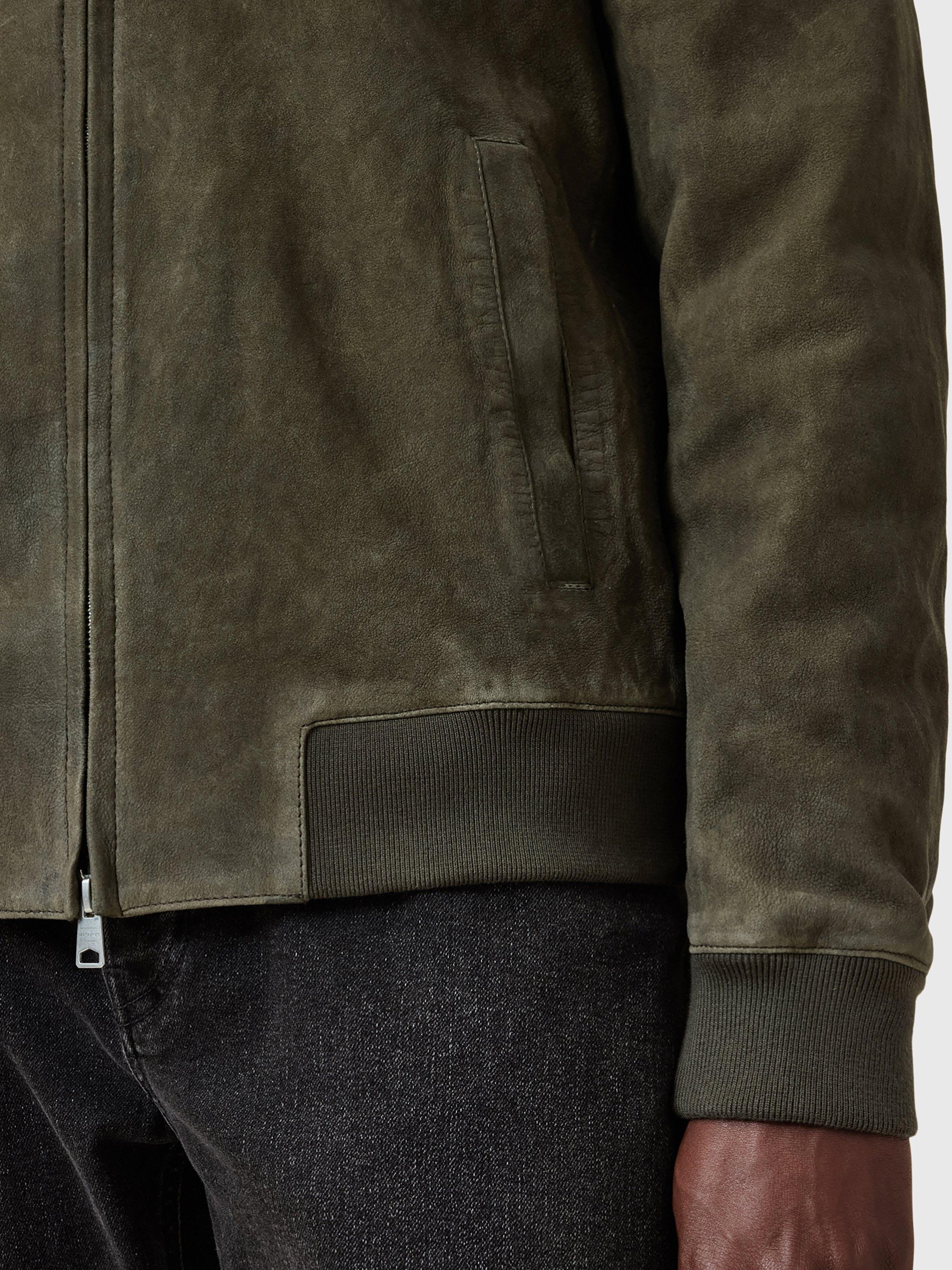 Product image 6 of 7, which shows AllSaints Buckley Suede Bomber Jacket, Military Green, XL