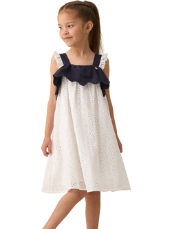 Angel & Rocket Kids' Cotton Broderie Panel Dress, White/Black, White/Black