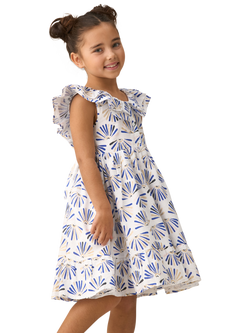 Angel & Rocket Kids' Cotton Frill Neck Fit & Flare Dress, Blue/Multi, Blue/Multi