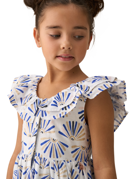 Angel & Rocket Kids' Cotton Frill Neck Fit & Flare Dress, Blue/Multi - view 2, Blue/Multi