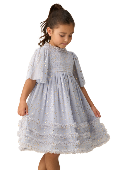 Angel & Rocket Kids' Star Print Mesh Dress, Blue/Gold, Blue/Gold