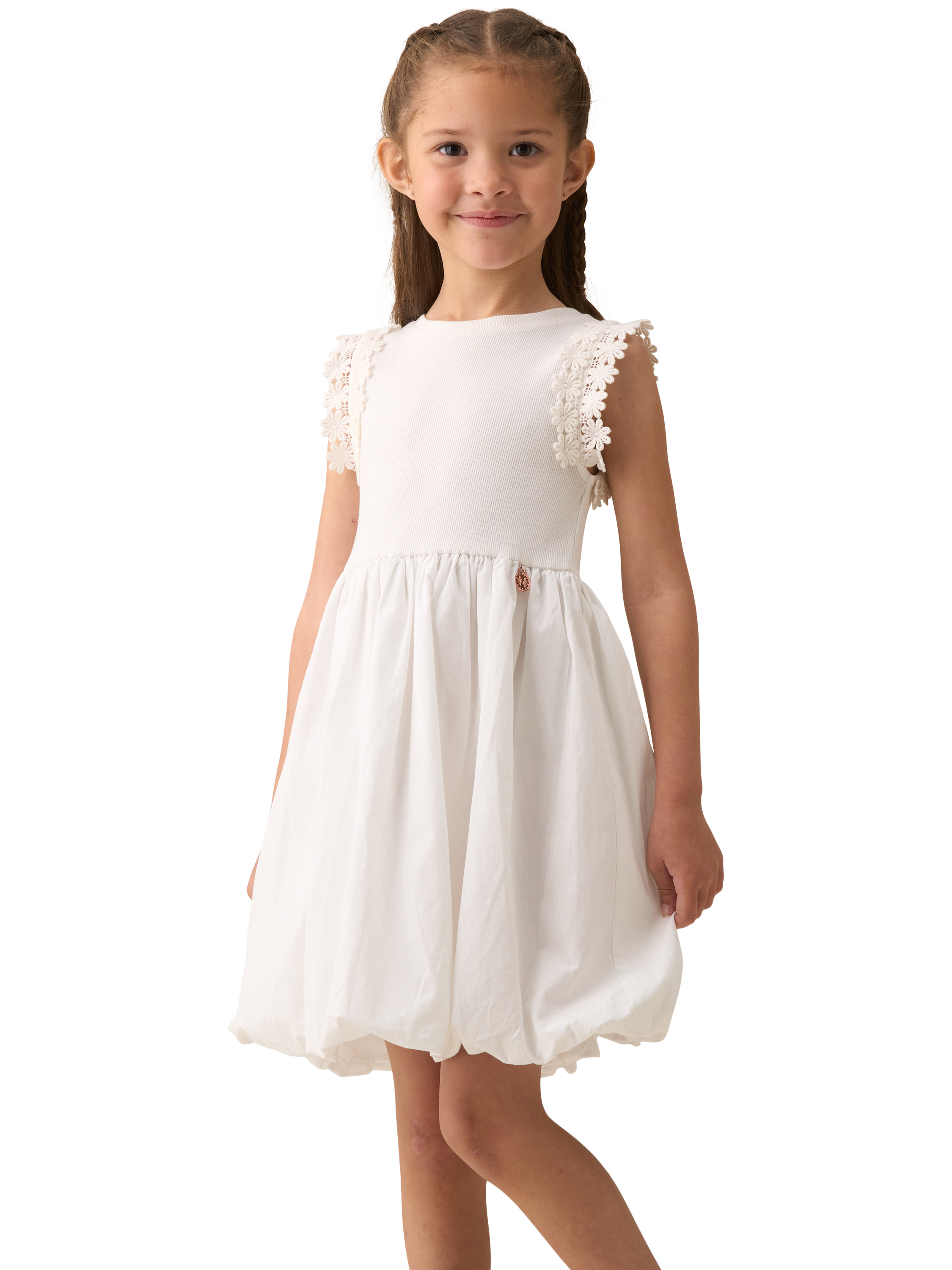 Product image 1 of 6, which shows Angel & Rocket Kids' Cotton Puffball Floral Sleeveless Dress, White, 3 years