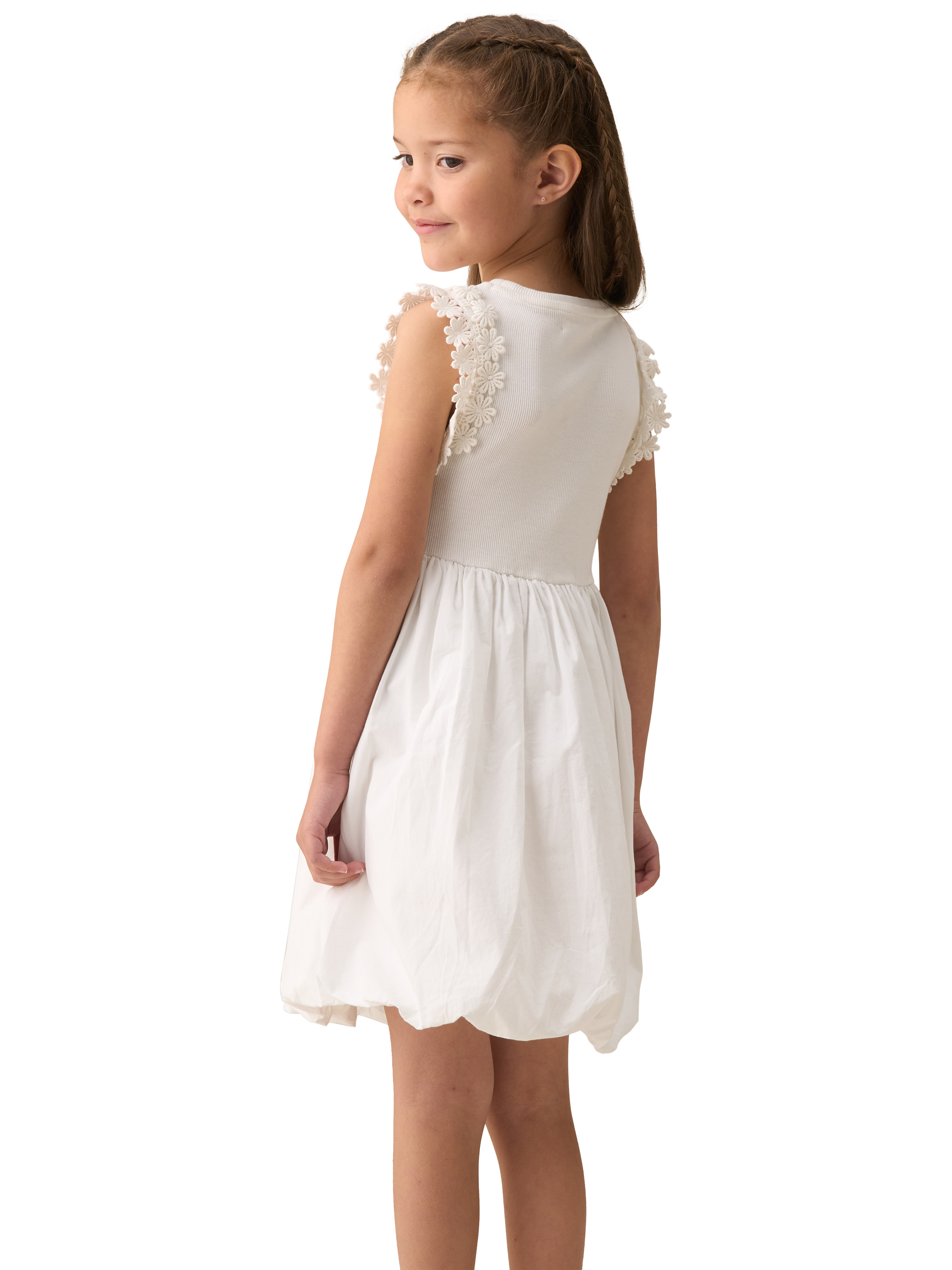 Product image 2 of 6, which shows Angel & Rocket Kids' Cotton Puffball Floral Sleeveless Dress, White, 3 years