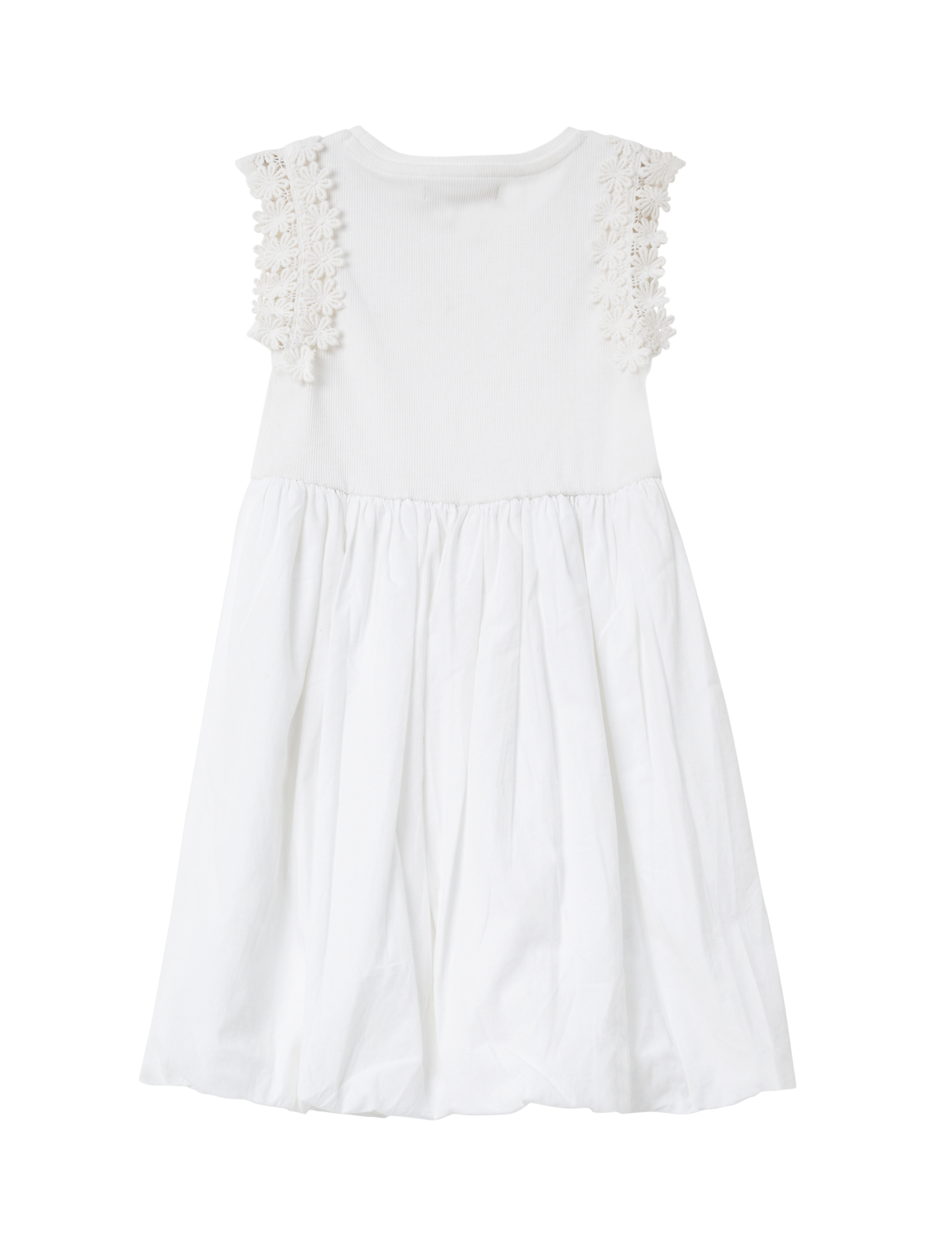 Product image 5 of 6, which shows Angel & Rocket Kids' Cotton Puffball Floral Sleeveless Dress, White, 3 years
