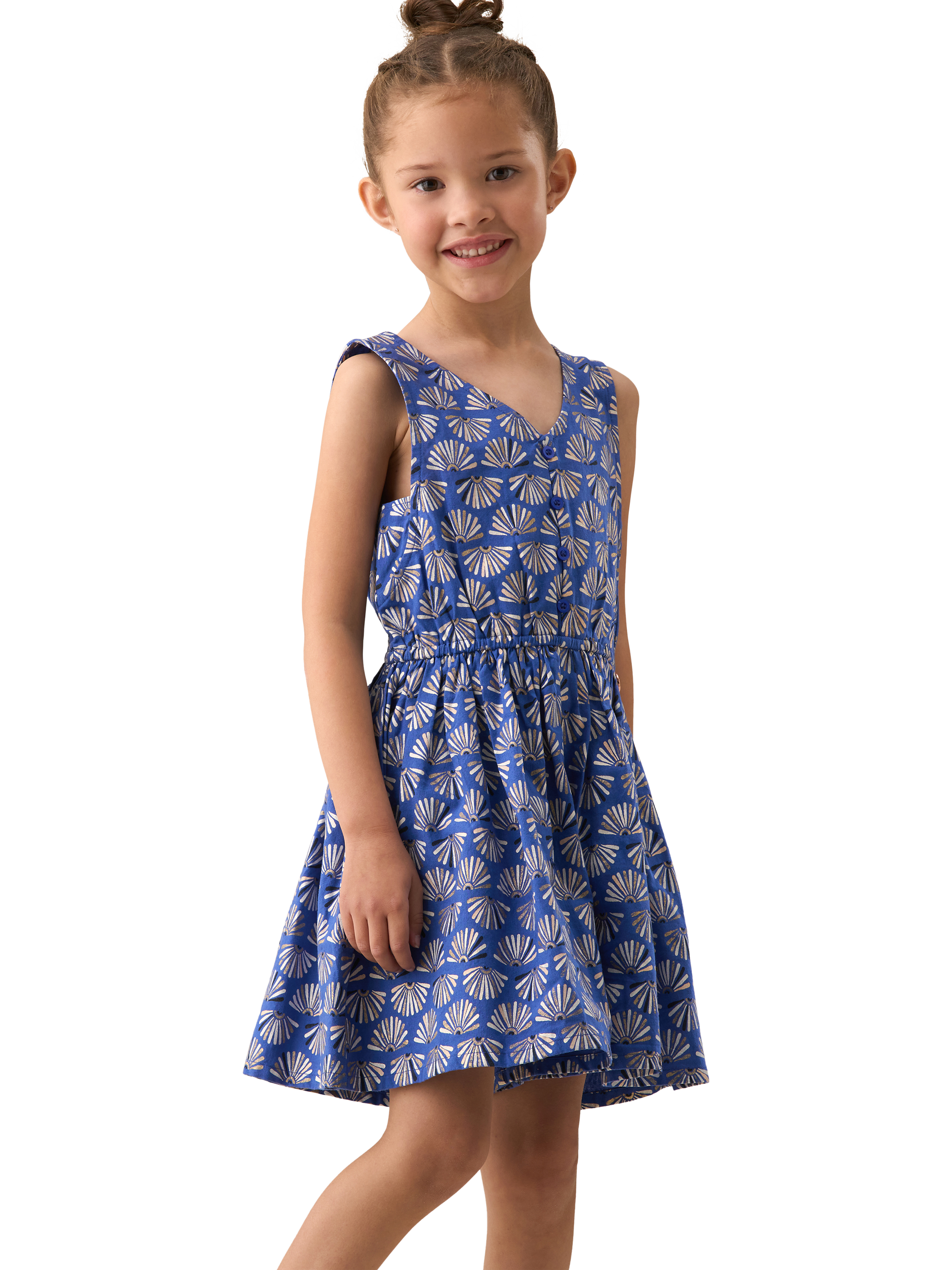 Product image 1 of 7, which shows Angel & Rocket Kids' Cotton-Linen Fan Print Playsuit, Blue/Multi, 3 years