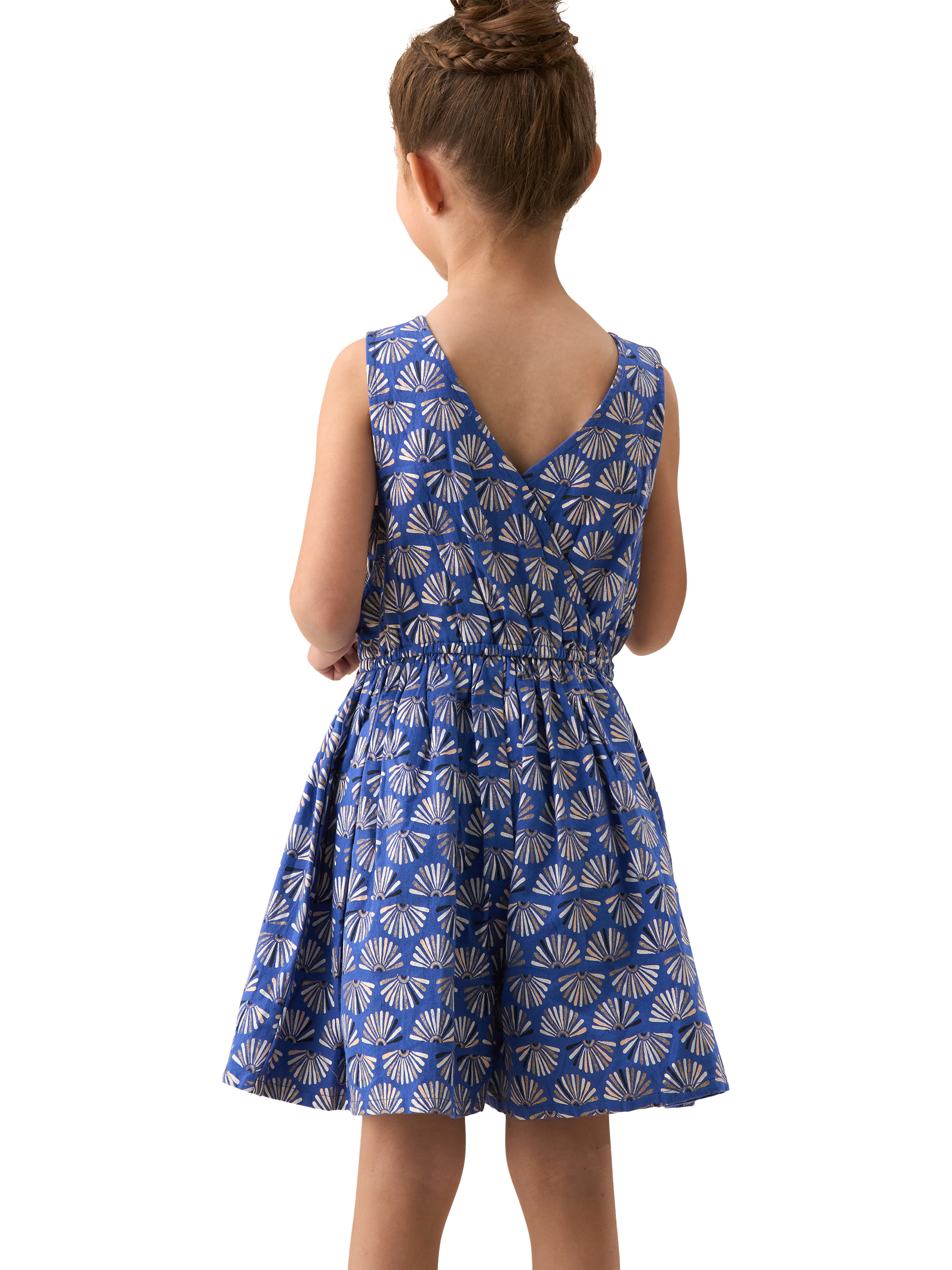 Product image 2 of 7, which shows Angel & Rocket Kids' Cotton-Linen Fan Print Playsuit, Blue/Multi, 3 years