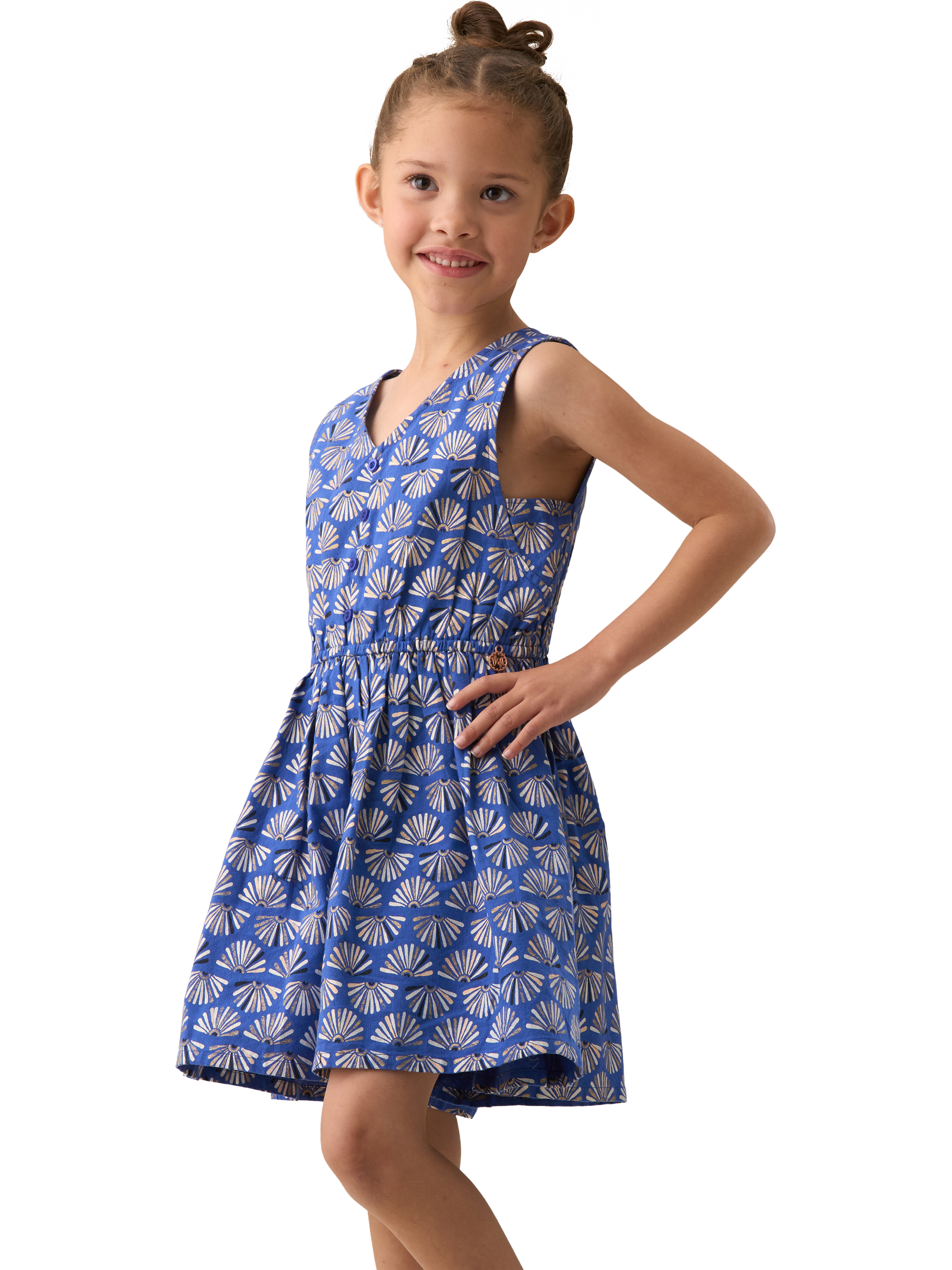 Product image 4 of 7, which shows Angel & Rocket Kids' Cotton-Linen Fan Print Playsuit, Blue/Multi, 3 years