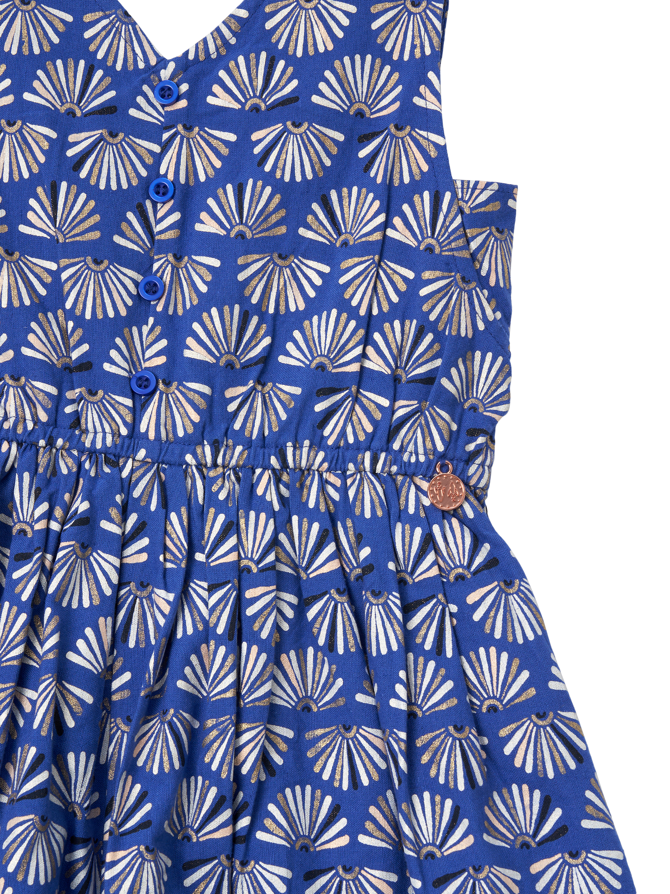 Product image 7 of 7, which shows Angel & Rocket Kids' Cotton-Linen Fan Print Playsuit, Blue/Multi, 3 years