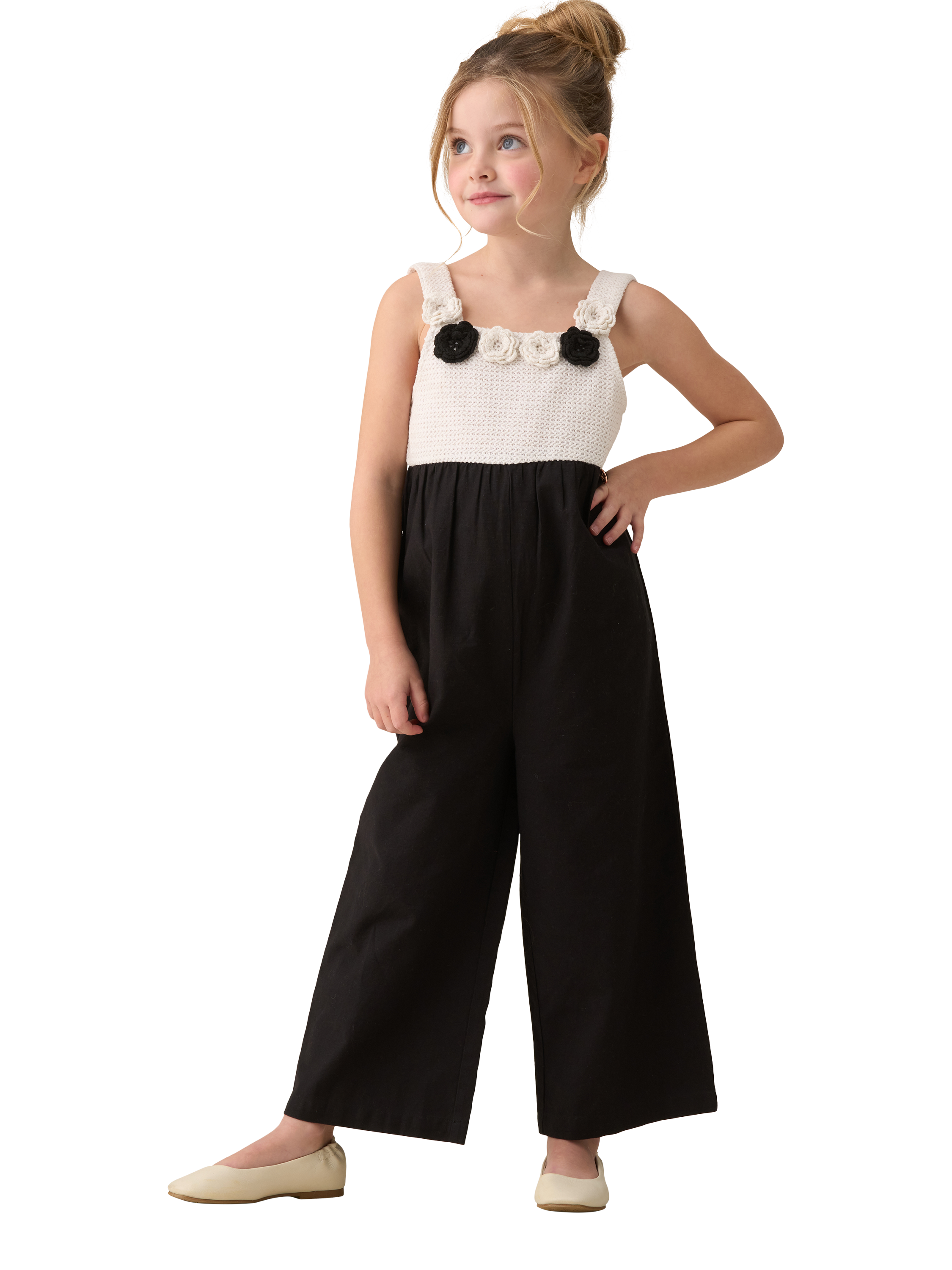 Product image 1 of 6, which shows Angel & Rocket Kids' Crochet Linen Jumpsuit, Black/Multi, 3 years