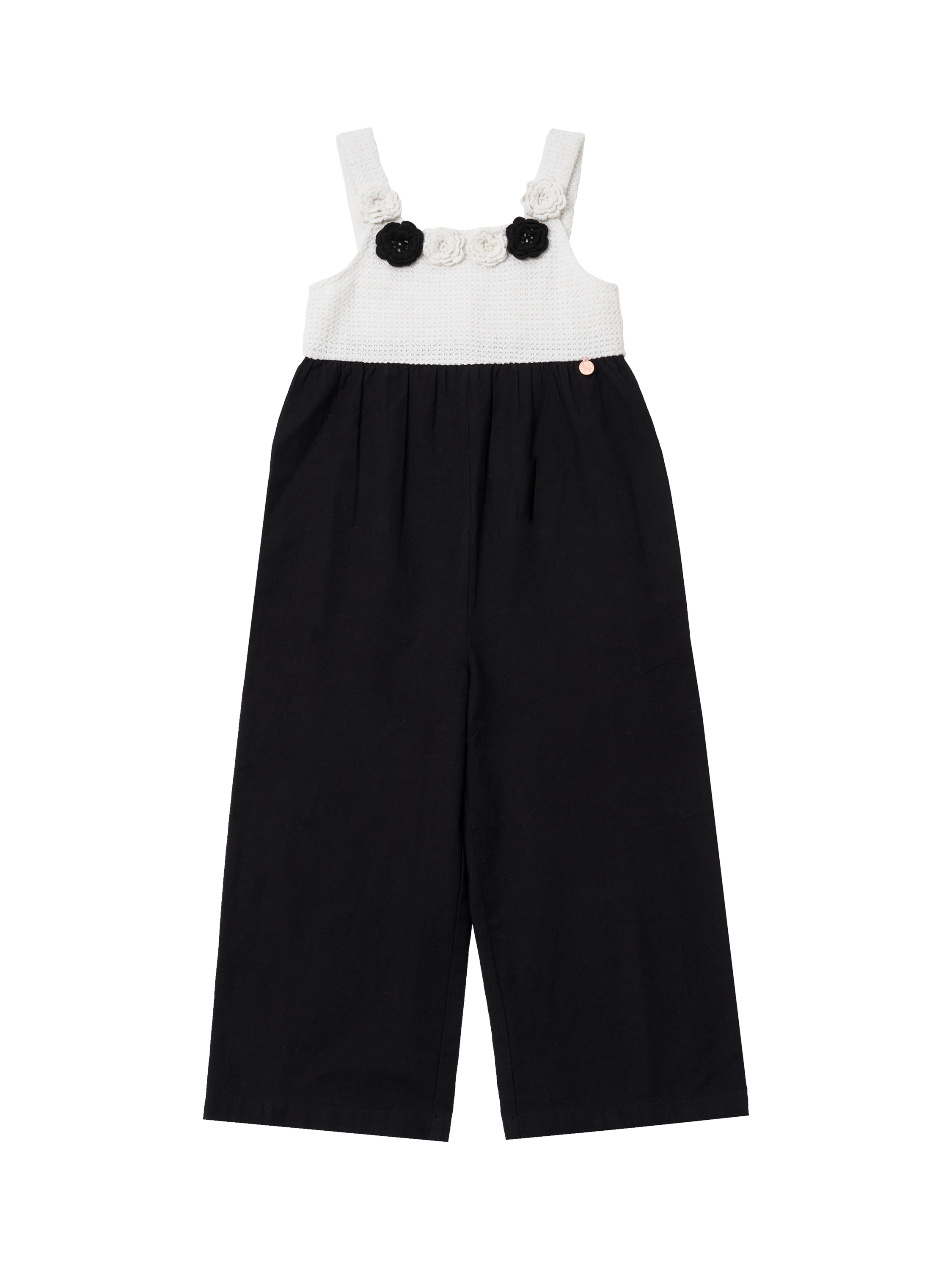 Product image 4 of 6, which shows Angel & Rocket Kids' Crochet Linen Jumpsuit, Black/Multi, 3 years