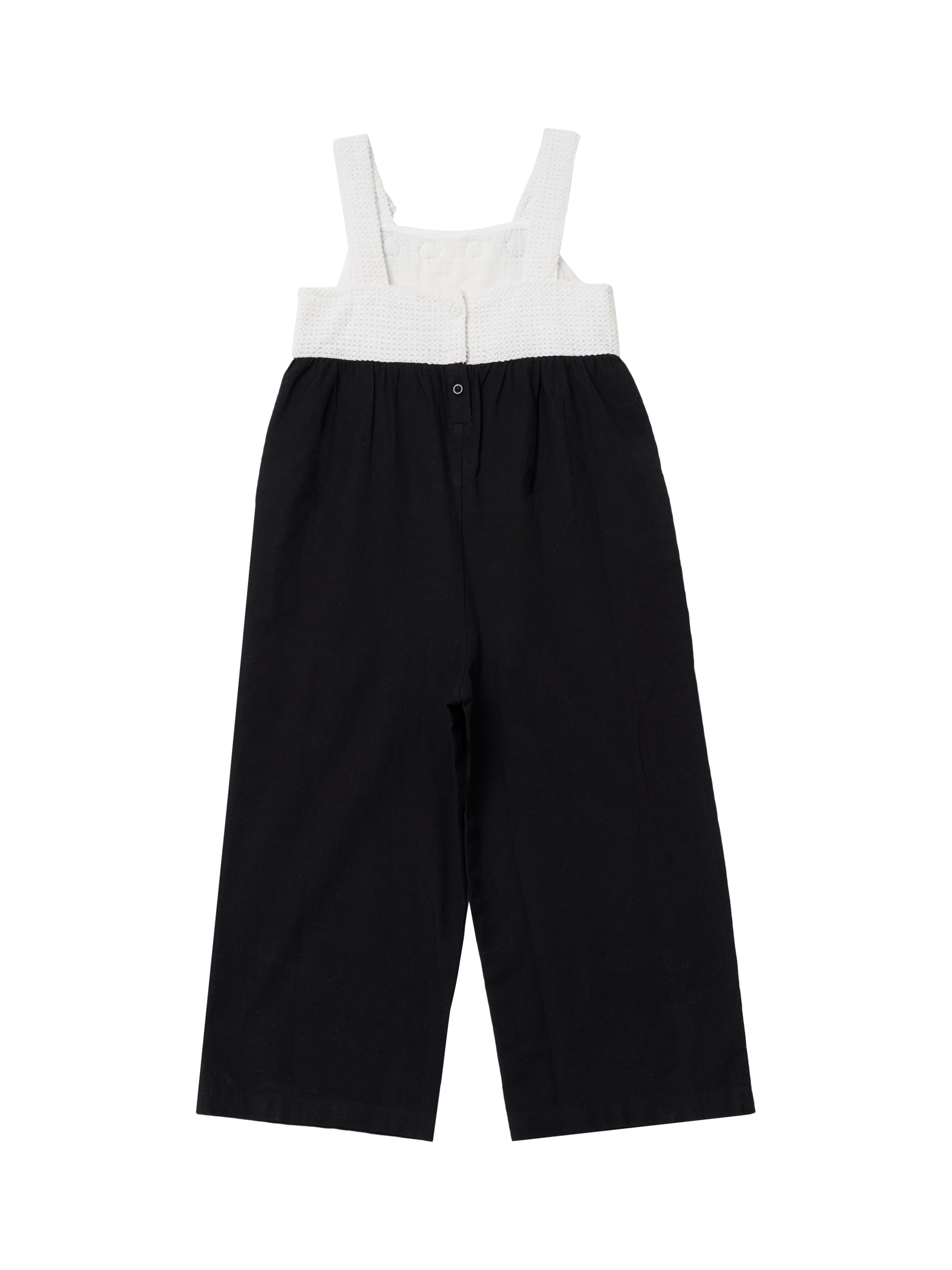 Product image 5 of 6, which shows Angel & Rocket Kids' Crochet Linen Jumpsuit, Black/Multi, 3 years