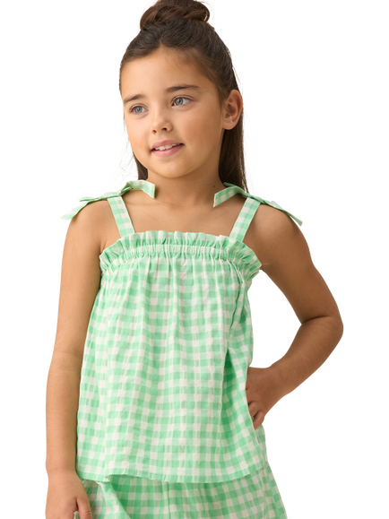 Angel & Rocket Kids' Seersucker Gingham Shirred Top, Green/White, Green/White