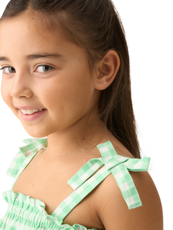 Angel & Rocket Kids' Seersucker Gingham Shirred Top, Green/White - view 2, Green/White