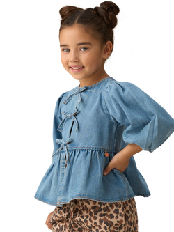 Angel & Rocket Kids' Cotton Denim Peplum Bow Top, Blue, Blue