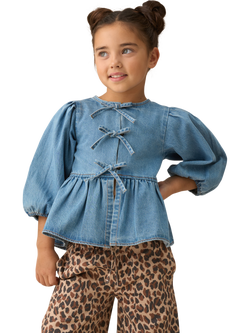 Angel & Rocket Kids' Cotton Denim Peplum Bow Top, Blue - view 2, Blue