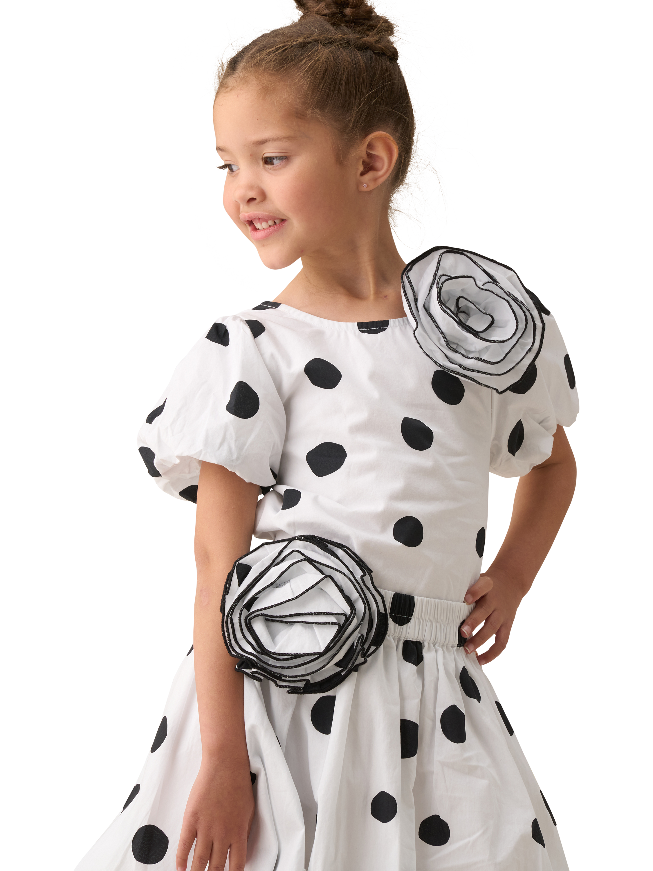 Product image 1 of 6, which shows Angel & Rocket Kids' Amari Spotty Corsage Top, White/Black, 3 years