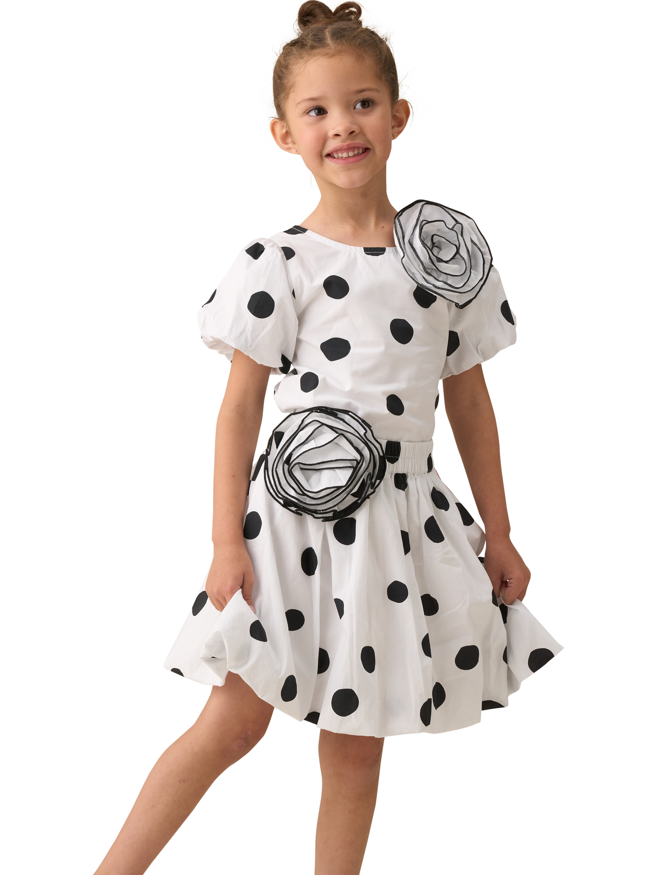 Product image 3 of 6, which shows Angel & Rocket Kids' Amari Spotty Corsage Top, White/Black, 3 years
