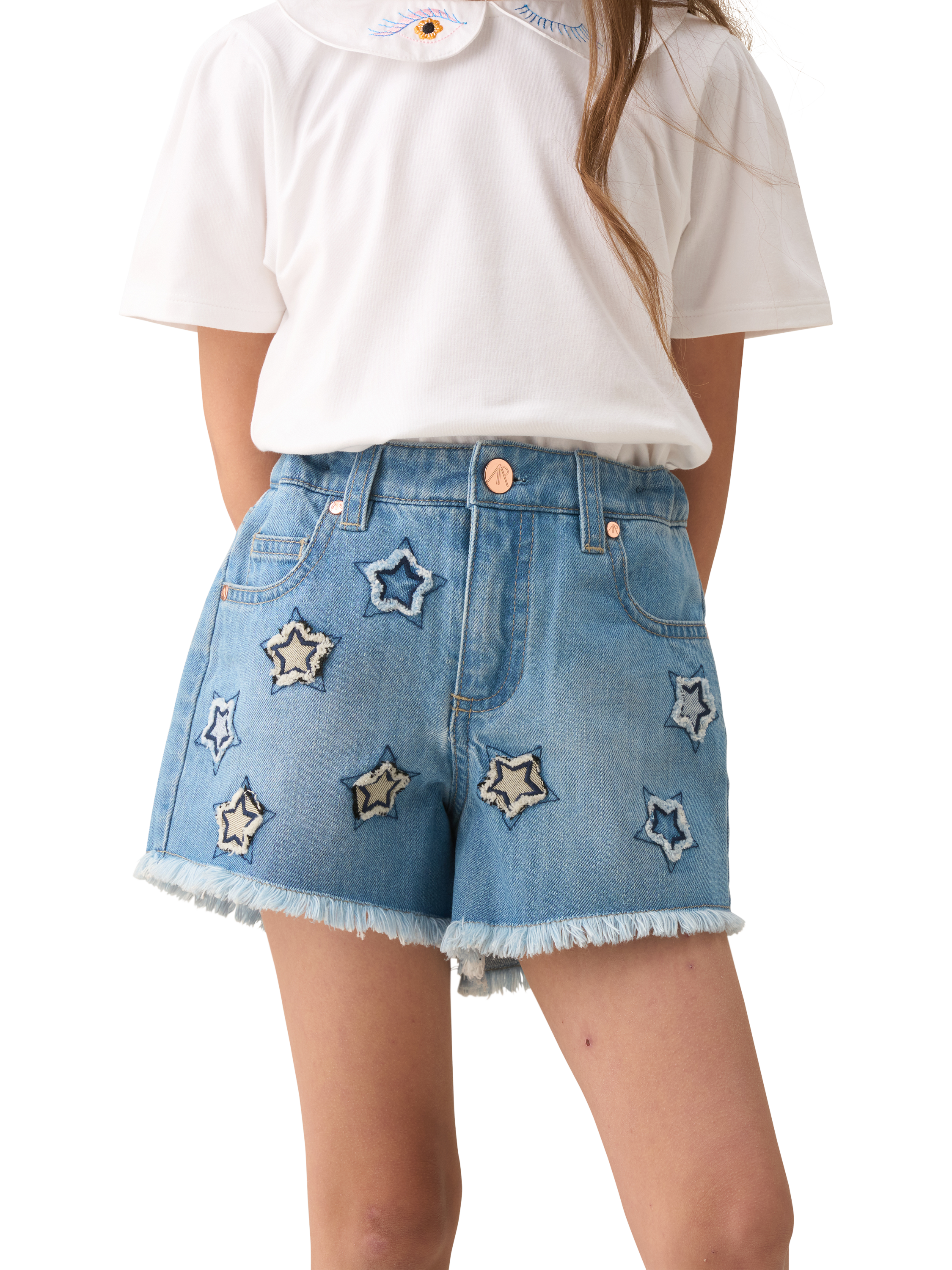 Product image 1 of 7, which shows Angel & Rocket Kids' Star Appliqué Denim Shorts, Blue, 3 years