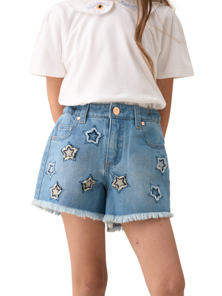 Angel & Rocket Kids' Star Appliqué Denim Shorts, Blue, Blue