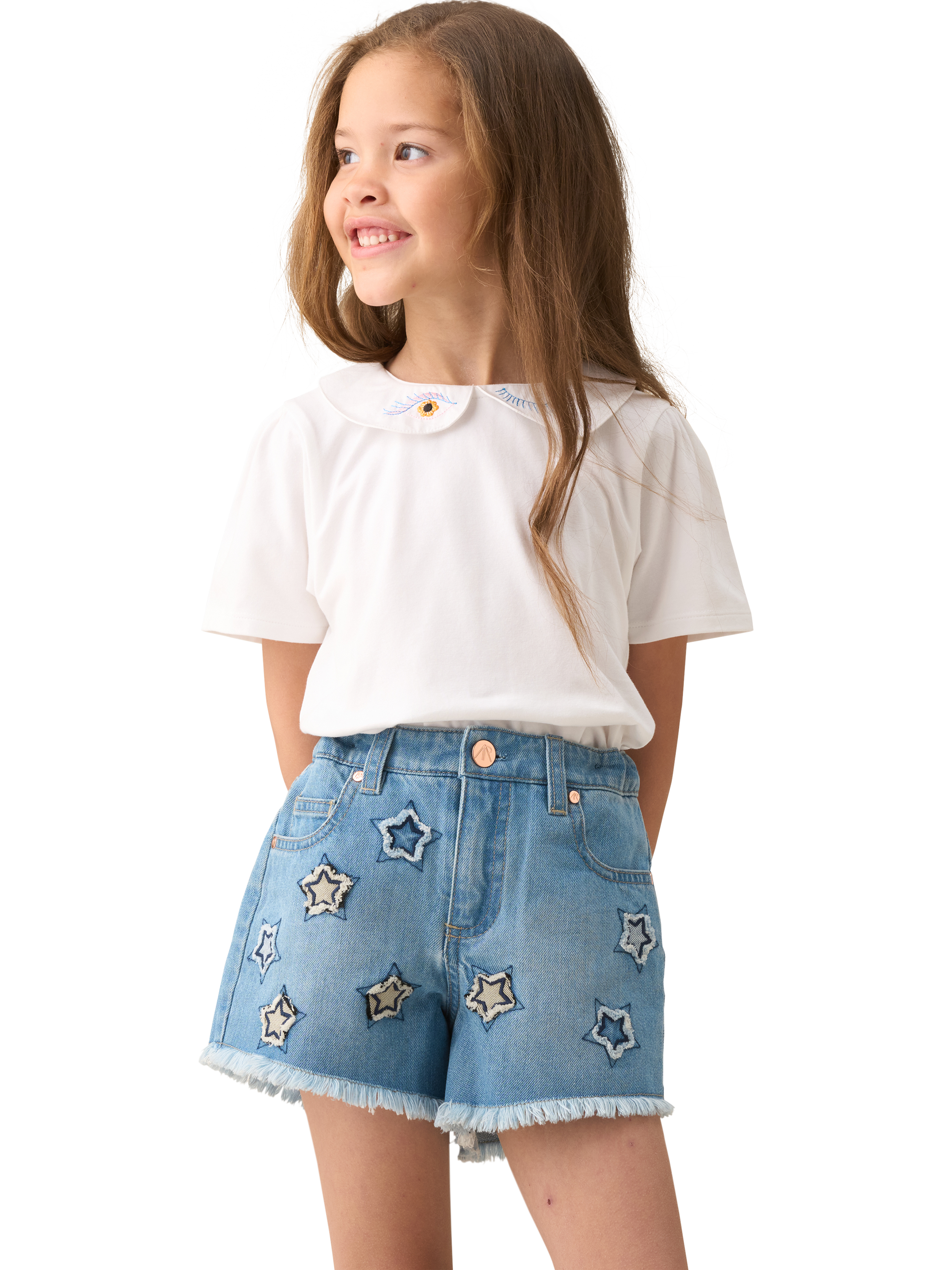 Product image 2 of 7, which shows Angel & Rocket Kids' Star Appliqué Denim Shorts, Blue, 3 years