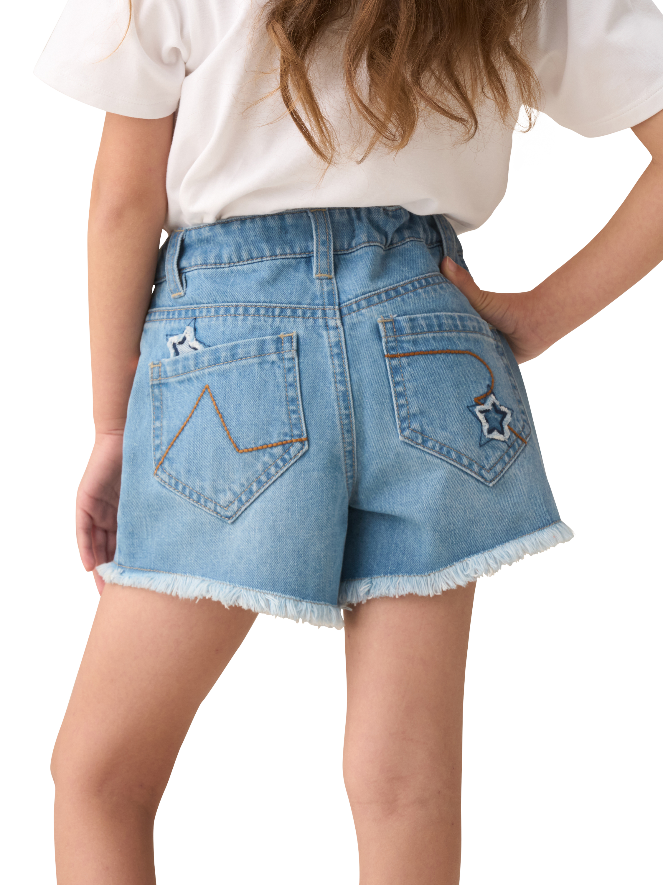 Product image 3 of 7, which shows Angel & Rocket Kids' Star Appliqué Denim Shorts, Blue, 3 years