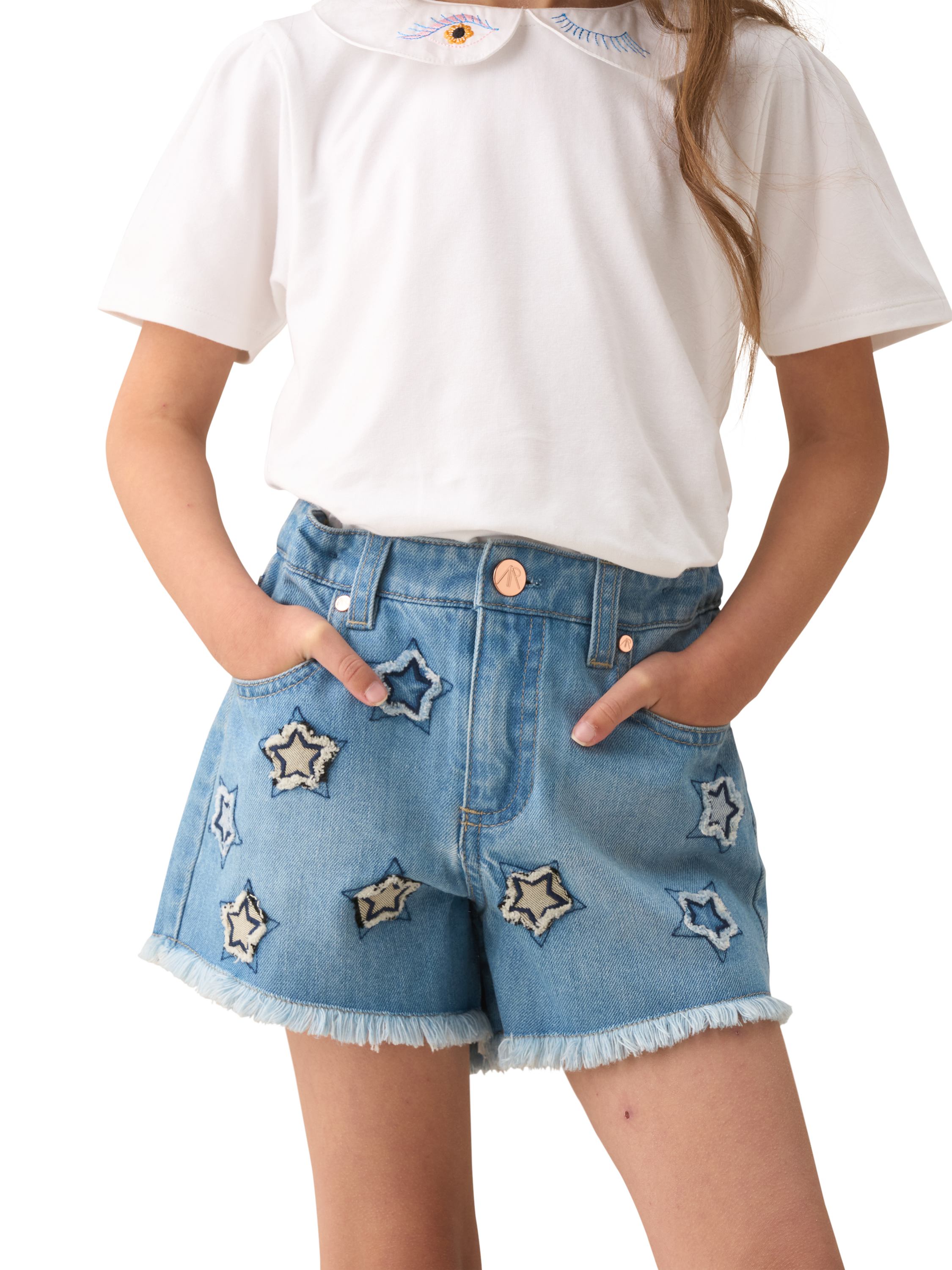 Product image 4 of 7, which shows Angel & Rocket Kids' Star Appliqué Denim Shorts, Blue, 3 years