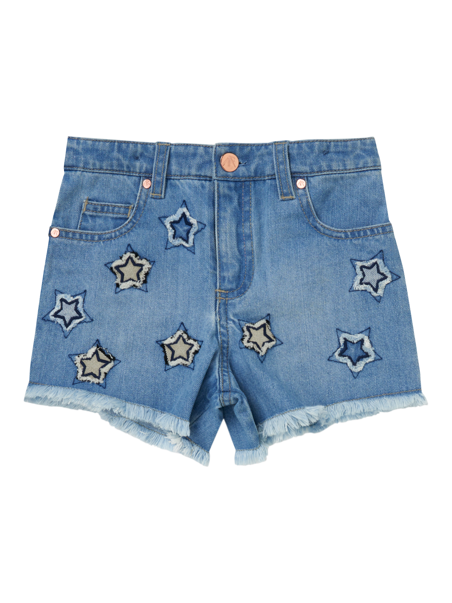 Product image 5 of 7, which shows Angel & Rocket Kids' Star Appliqué Denim Shorts, Blue, 3 years