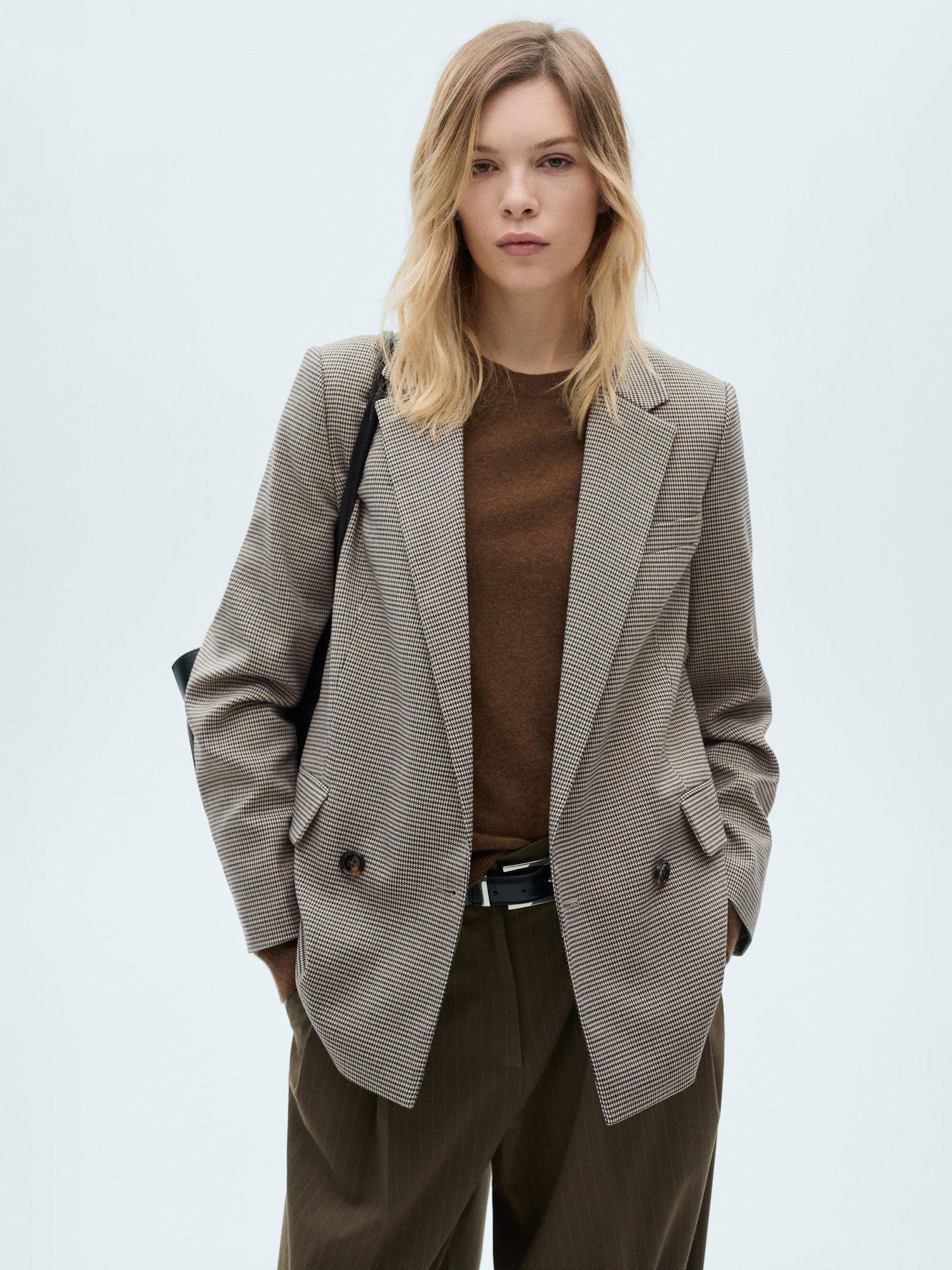 Mango Dogtooth Double Breasted Blazer, Brown/Multi
