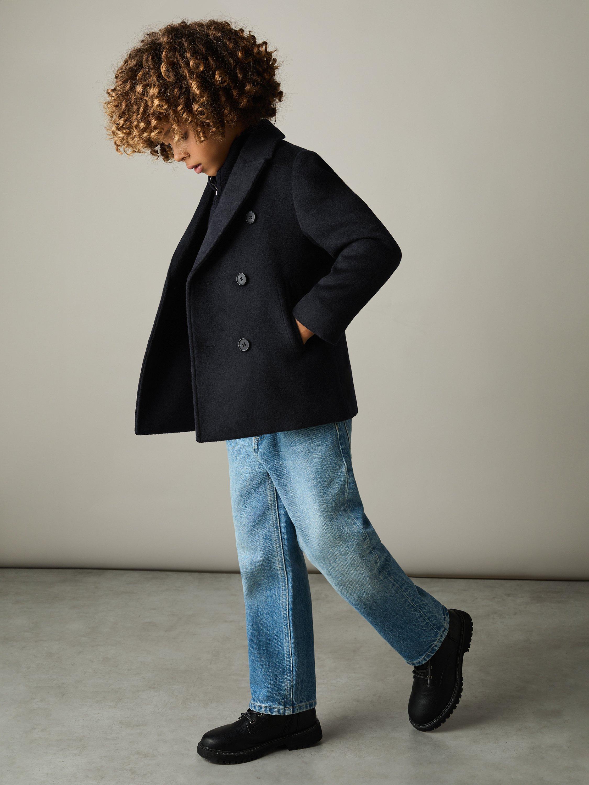 Product image 1 of 5, which shows Reiss Kids' Bergamo Wool Blend Coat, Navy, 3-4 years