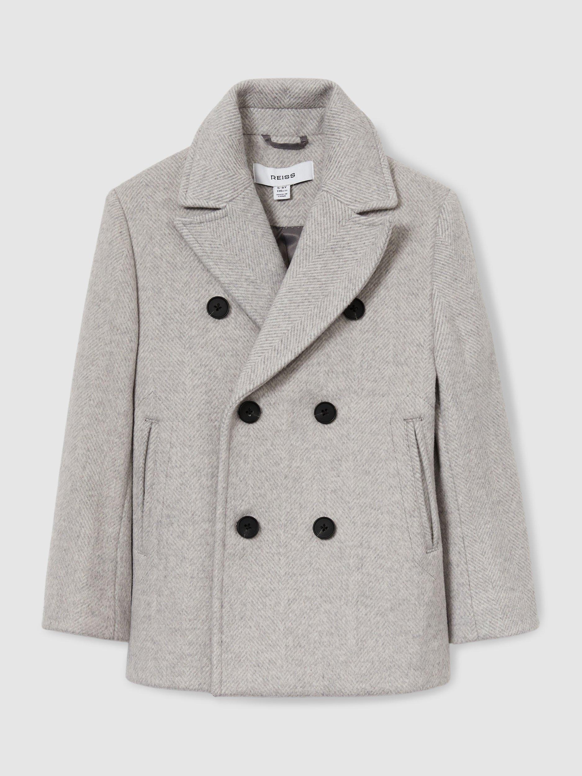 Product image 1 of 4, which shows Reiss Kids' Bergamo Wool Blend Double Breasted Pea Coat, Soft Grey Melange, 3-4 years