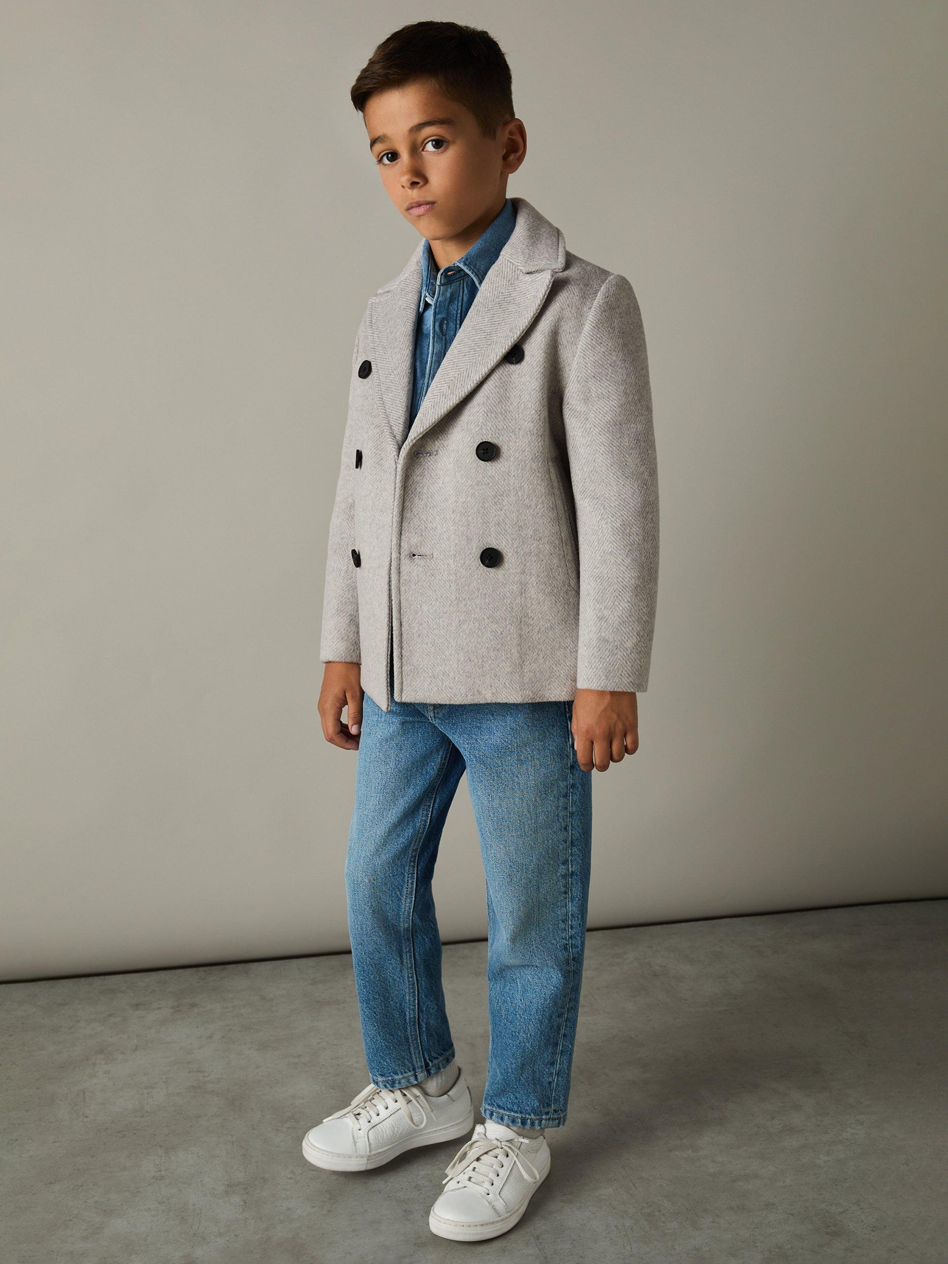 Product image 2 of 4, which shows Reiss Kids' Bergamo Wool Blend Double Breasted Pea Coat, Soft Grey Melange, 3-4 years