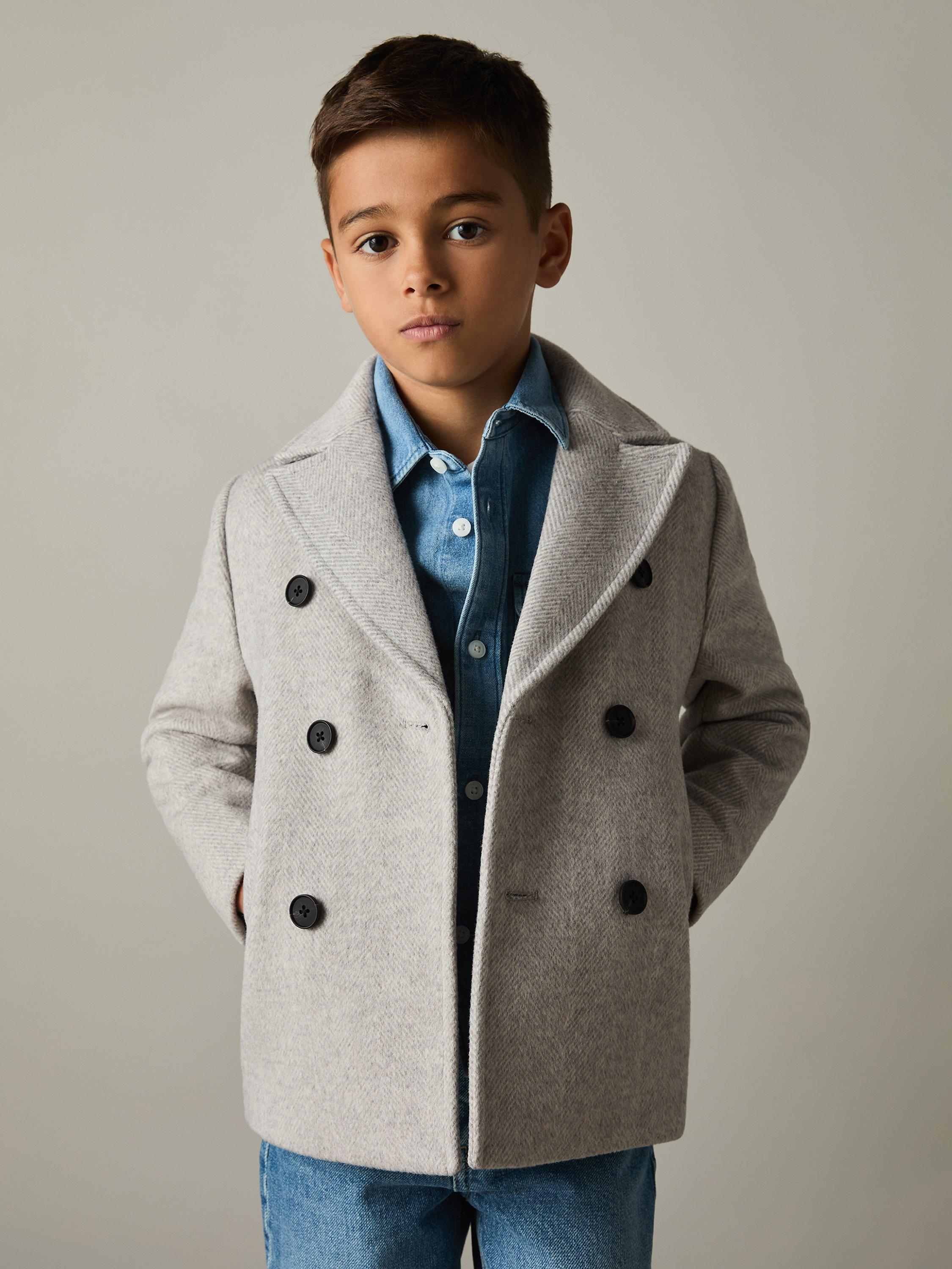 Product image 3 of 4, which shows Reiss Kids' Bergamo Wool Blend Double Breasted Pea Coat, Soft Grey Melange, 3-4 years