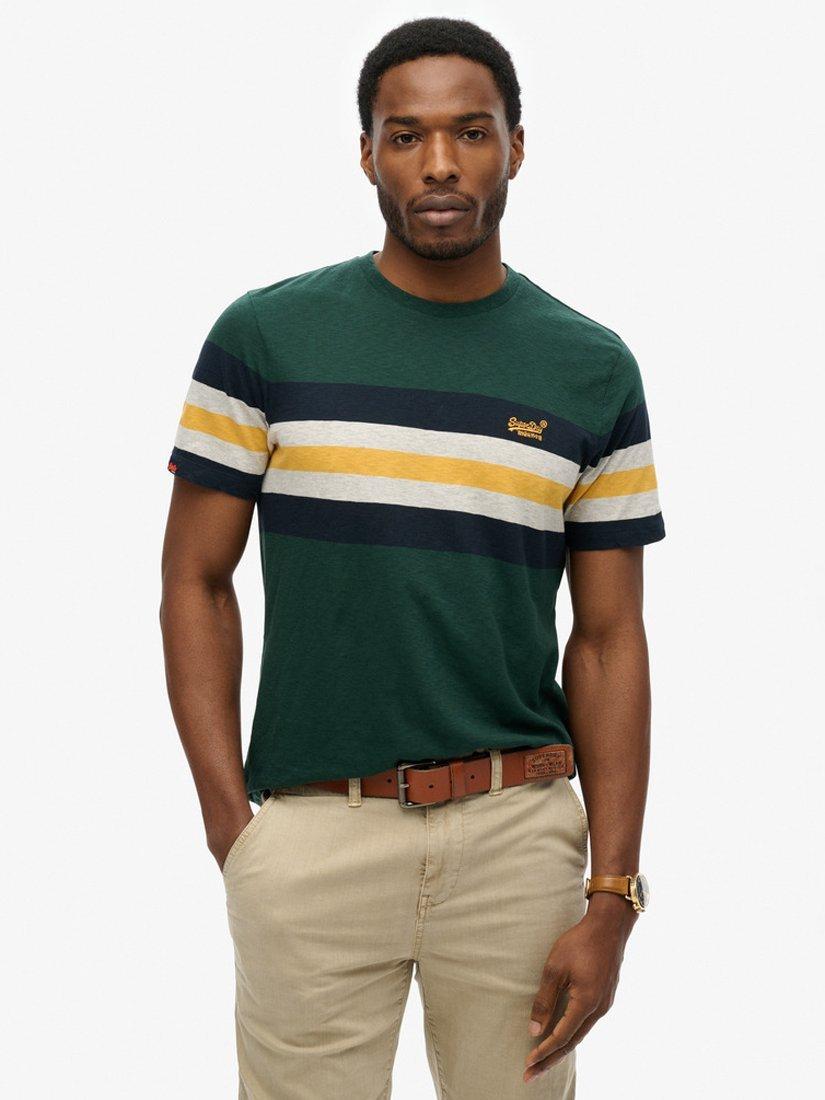 Product image 1 of 5, which shows Superdry Cotton Regular Fit Short Sleeve Essentials Stripe T-Shirt, Enamel Green, S