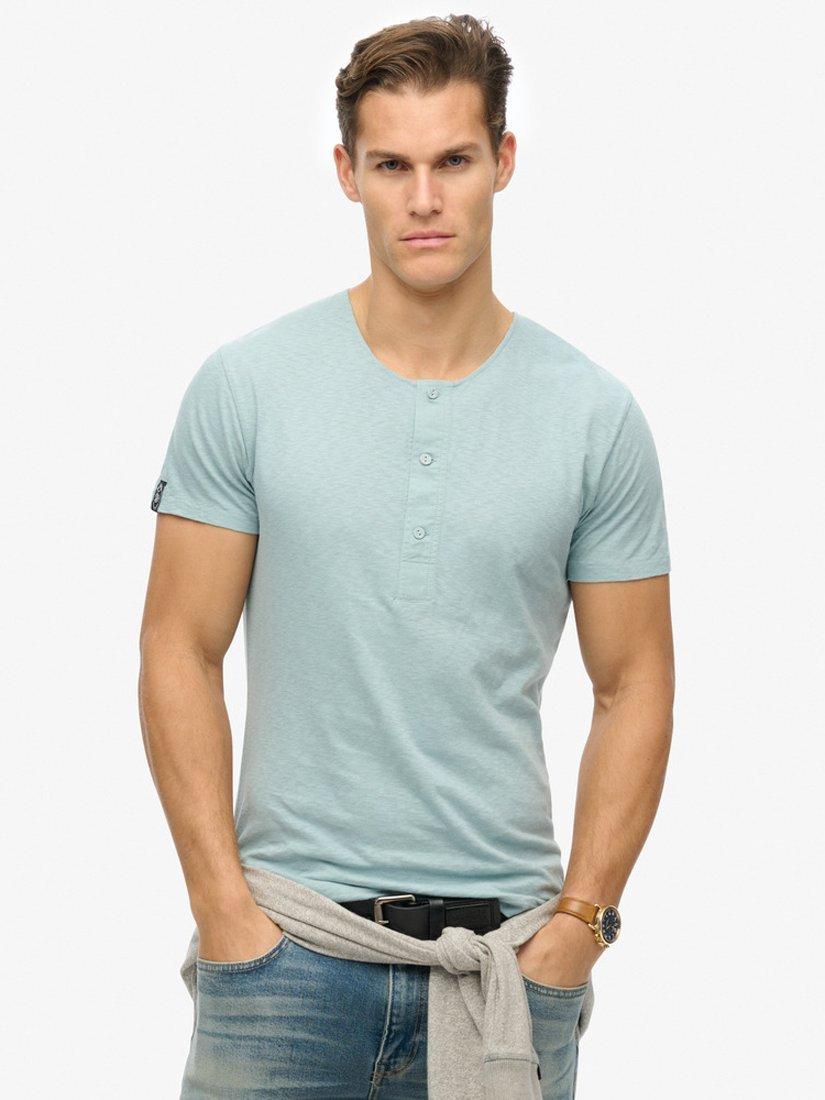 Product image 1 of 5, which shows Superdry Cotton Slim Fit Short Sleeve Grandad Top, Arona Blue, S
