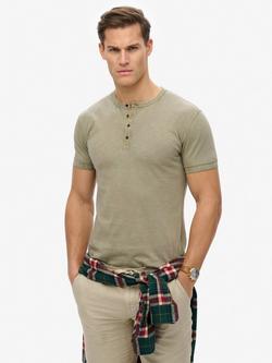 Superdry Slub Cotton Short Sleeve Jersey Grandad Top, Light Khaki Green