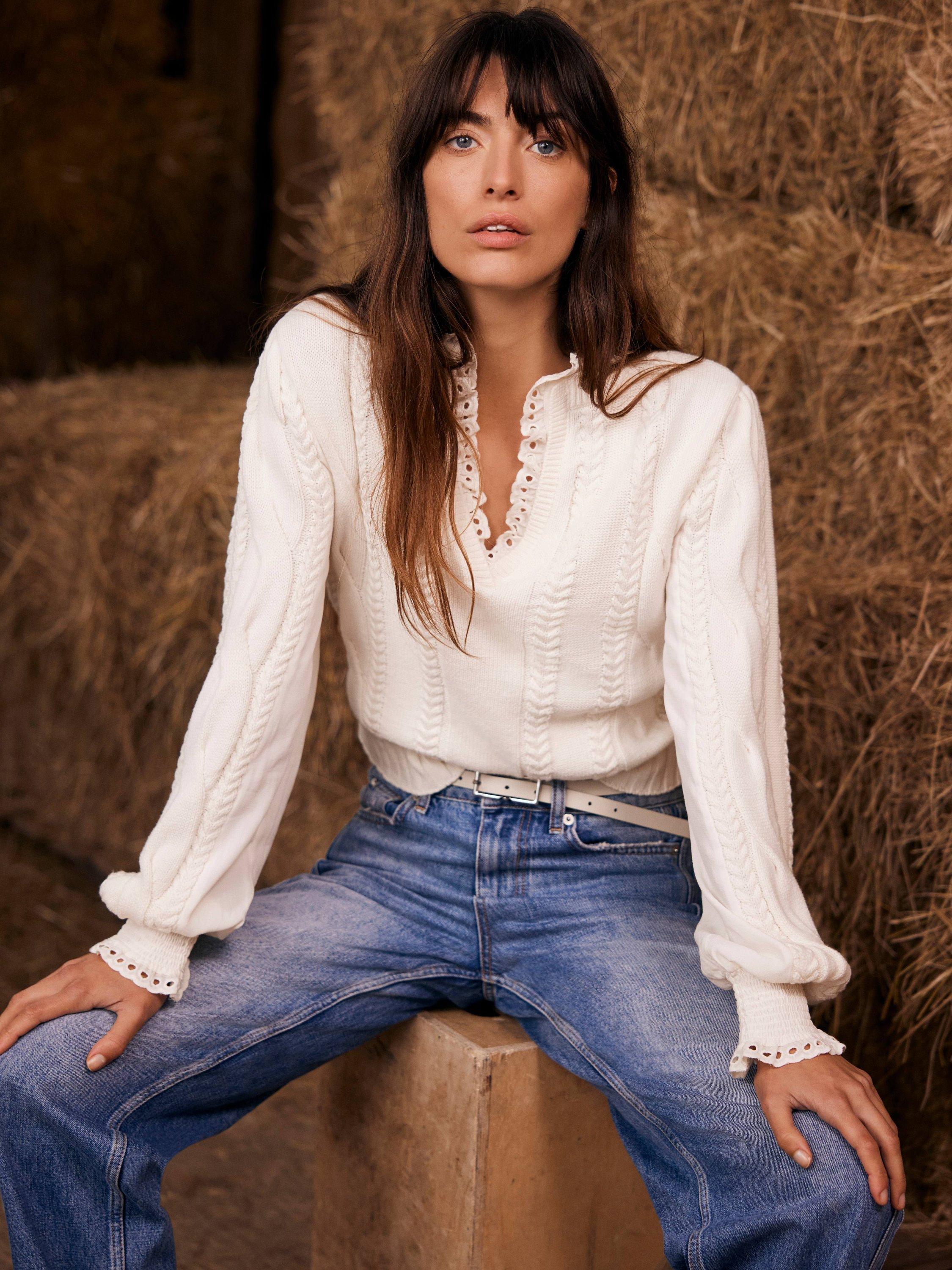 Product image 1 of 9, which shows Mint Velvet Ruffle Trim Jumper, Ivory, M