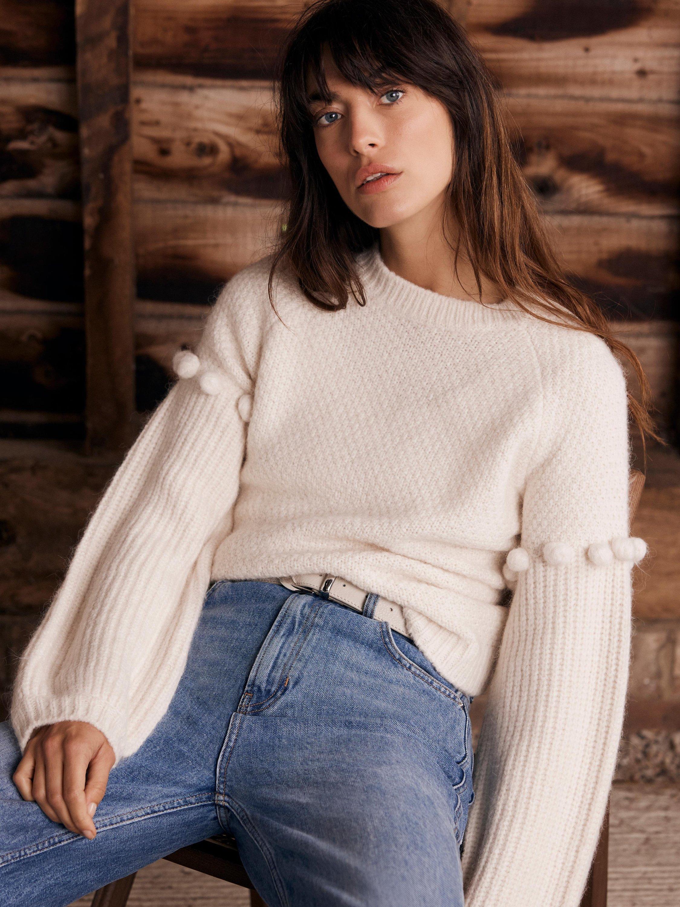 Product image 6 of 9, which shows Mint Velvet Bobble Sleeve Jumper, Natural Cream, L