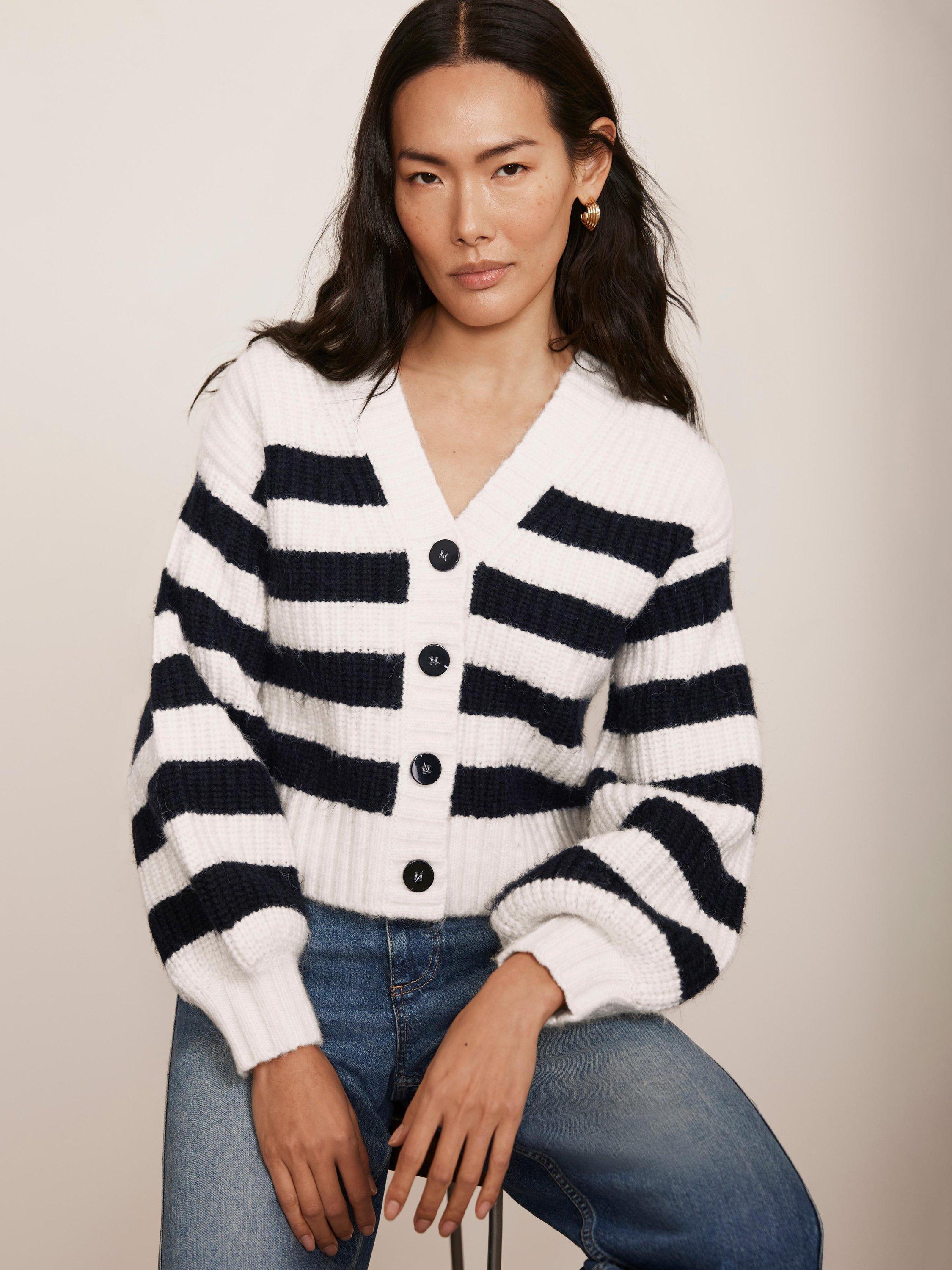 Product image 1 of 8, which shows Mint Velvet Stripe V-Neck Cardigan, Navy/Ivory, L