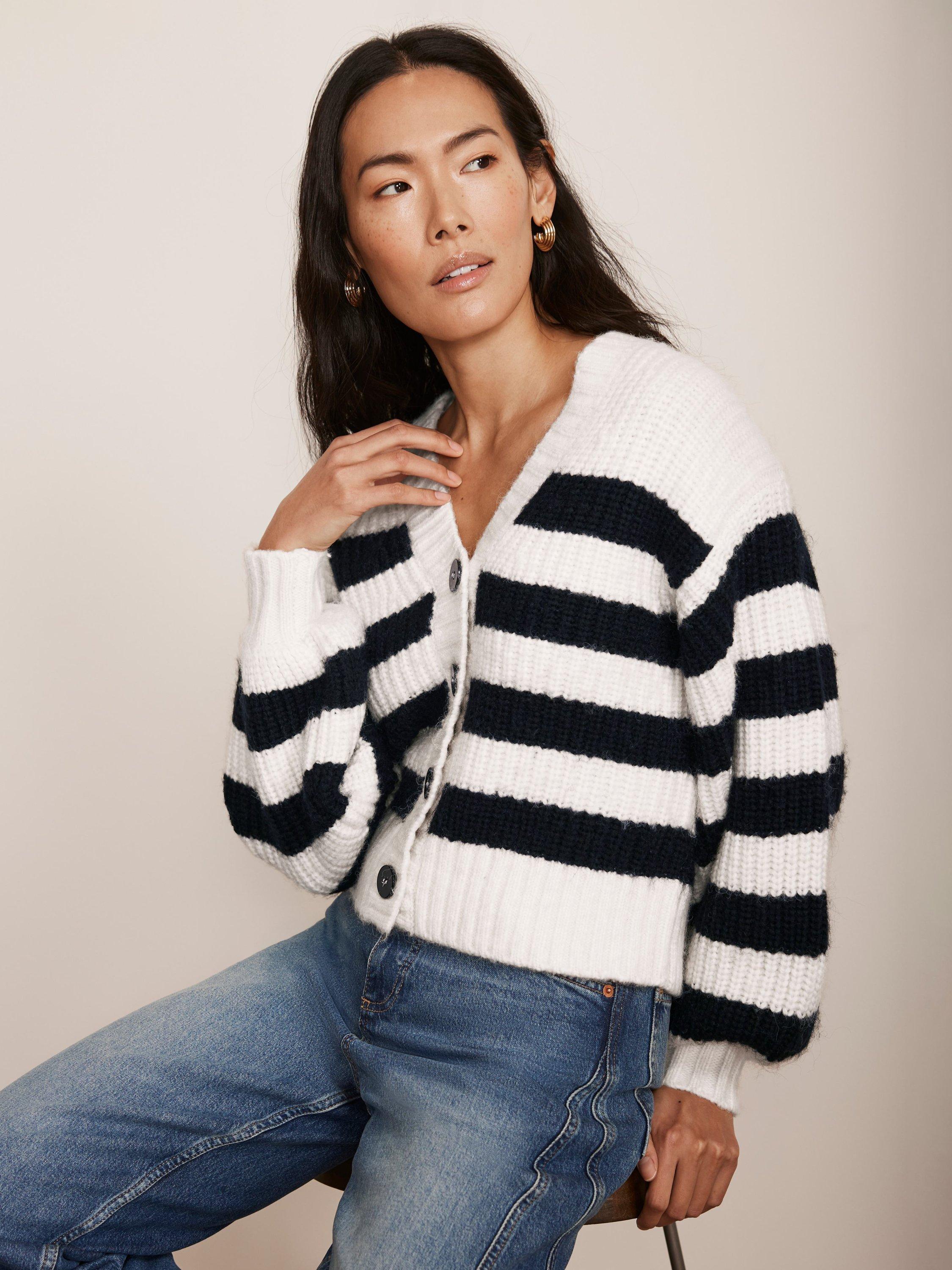 Product image 2 of 8, which shows Mint Velvet Stripe V-Neck Cardigan, Navy/Ivory, L