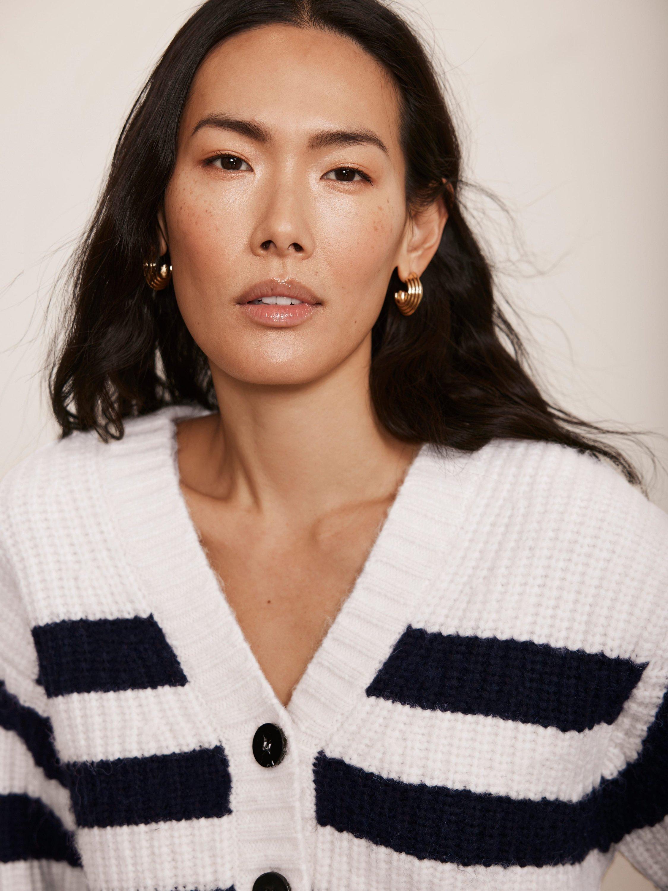 Product image 3 of 8, which shows Mint Velvet Stripe V-Neck Cardigan, Navy/Ivory, L