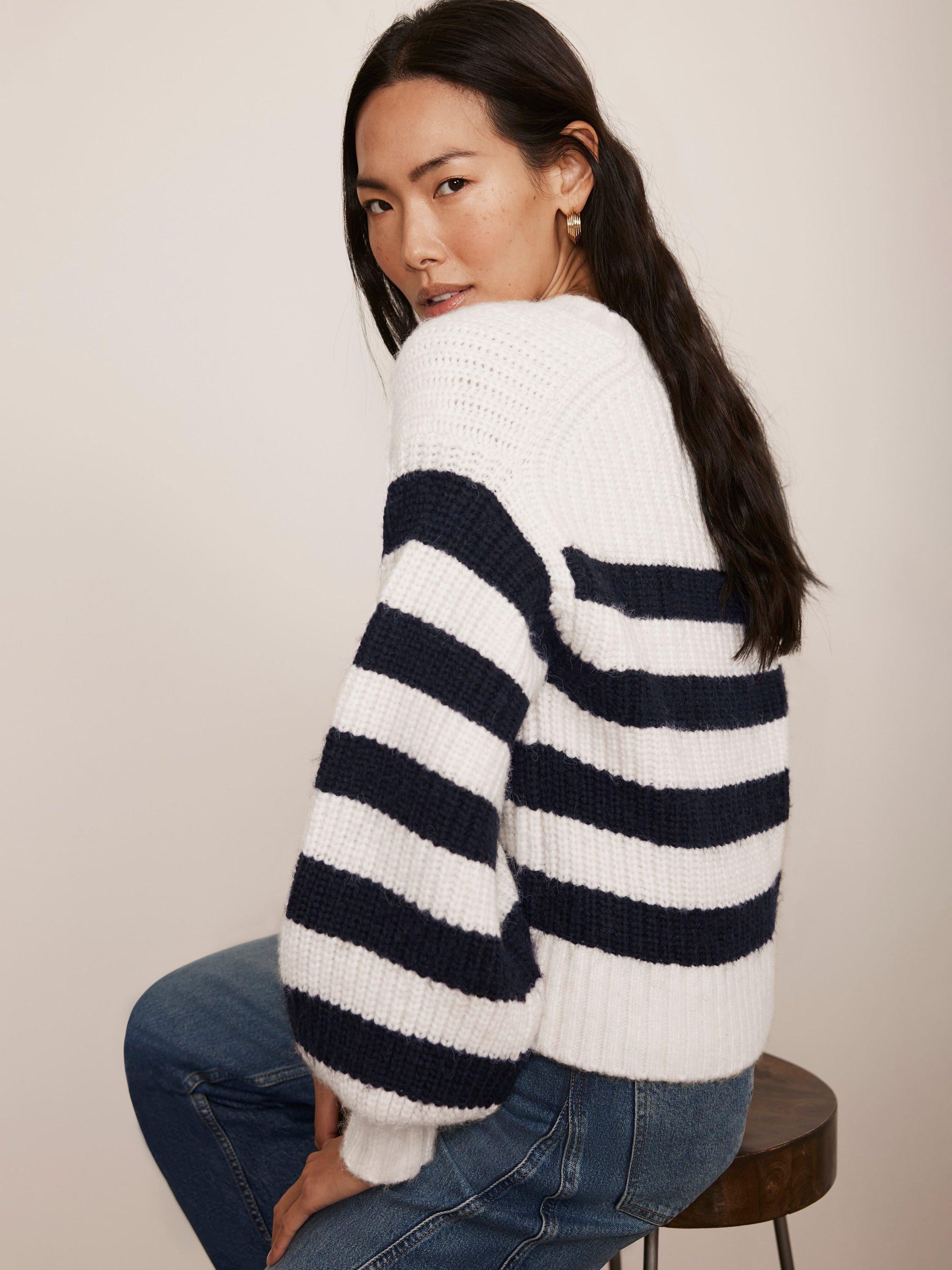 Product image 4 of 8, which shows Mint Velvet Stripe V-Neck Cardigan, Navy/Ivory, L